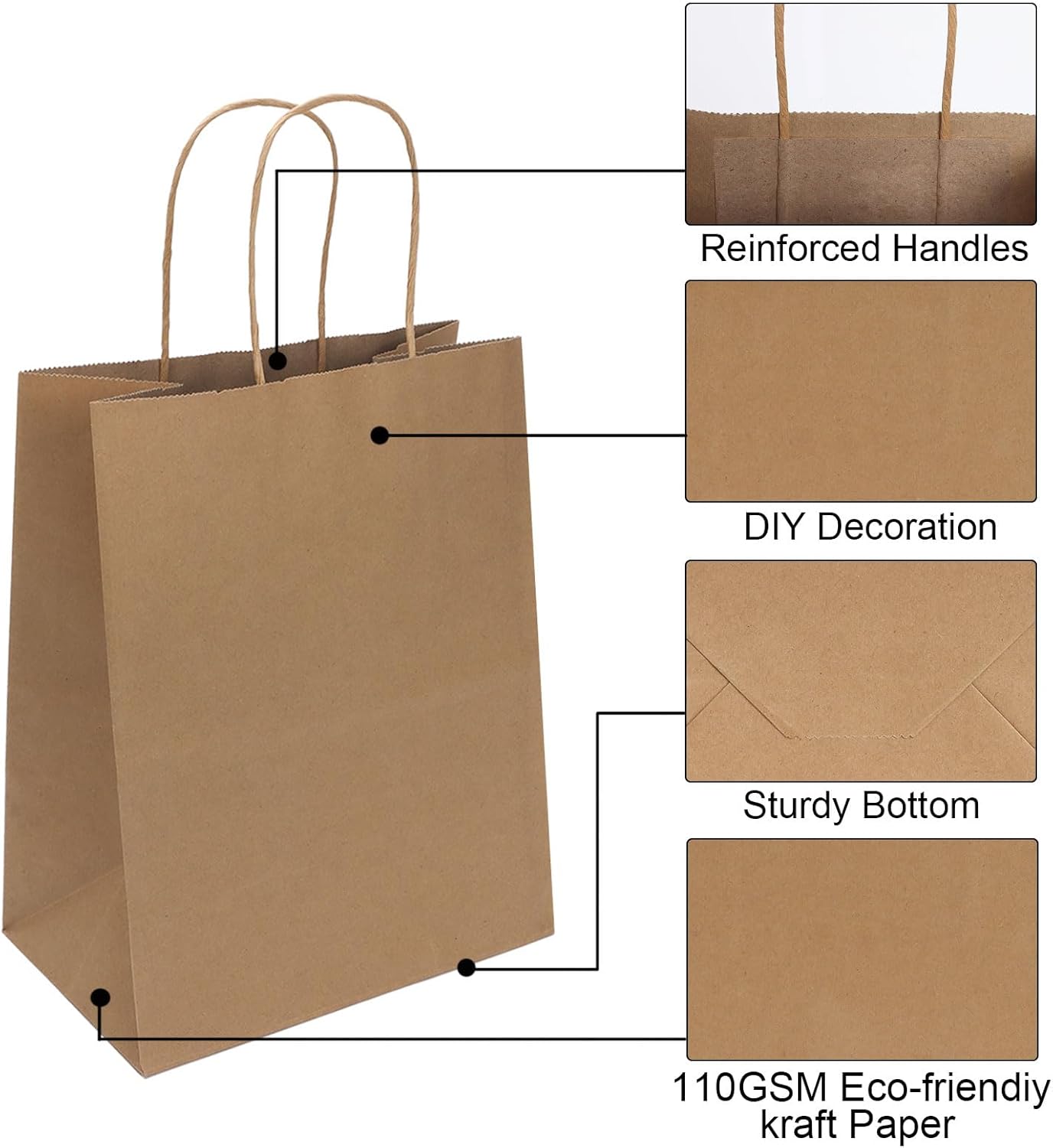 Joybe 50 Pack 8x4.75x10 Inch Medium Brown Paper Bags with Handles Bulk, Kraft Paper Gift Bags for Birthday Party Favors Grocery Retail Shopping Business Goody Craft Blank Sacks (Plain Natural, 50pcs) - Image 3