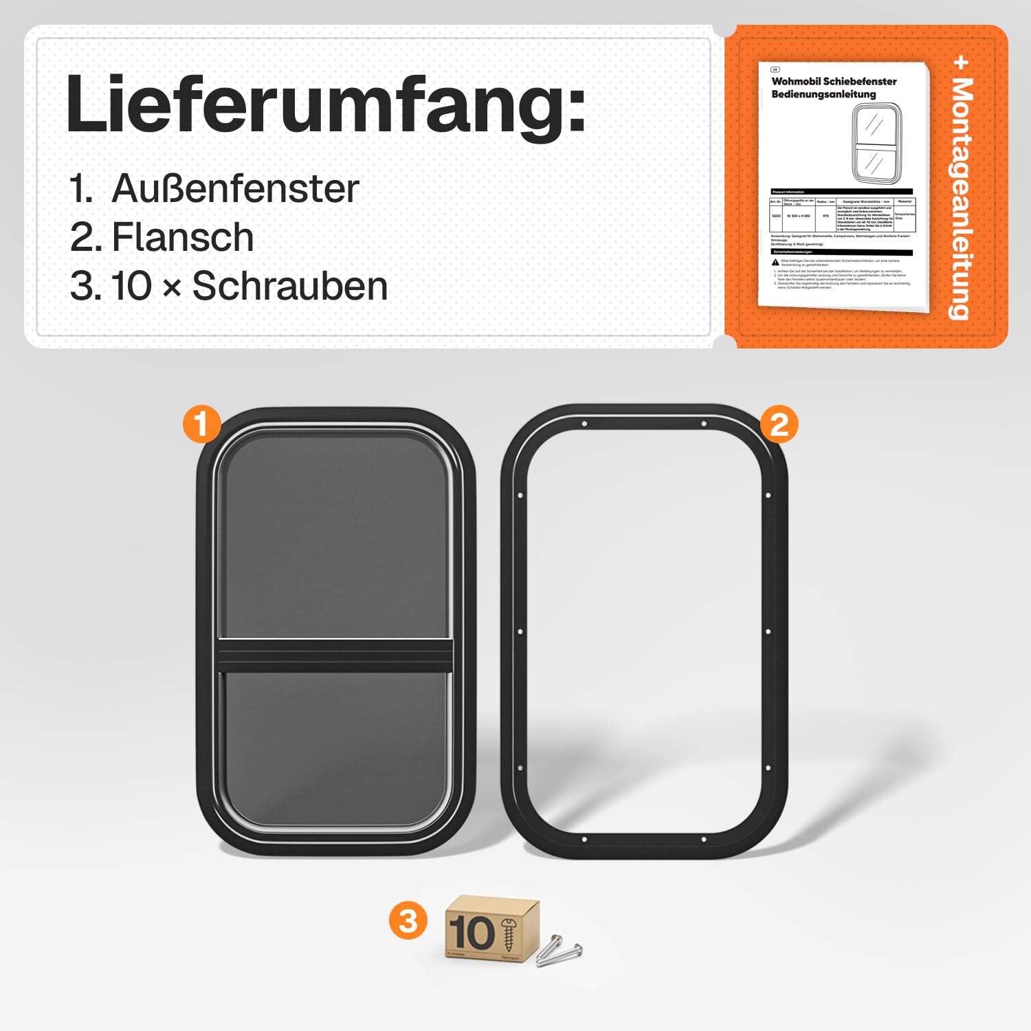 Wohnwagen Fenster 50x30 cm, E4, Schiebefenster für Wohnmobil und Caravan mit festem Insektenschutz, getöntem Sicherheitsglas, UV-beständig, Seitenfenster für Camper mit Aluminiumrahmen
