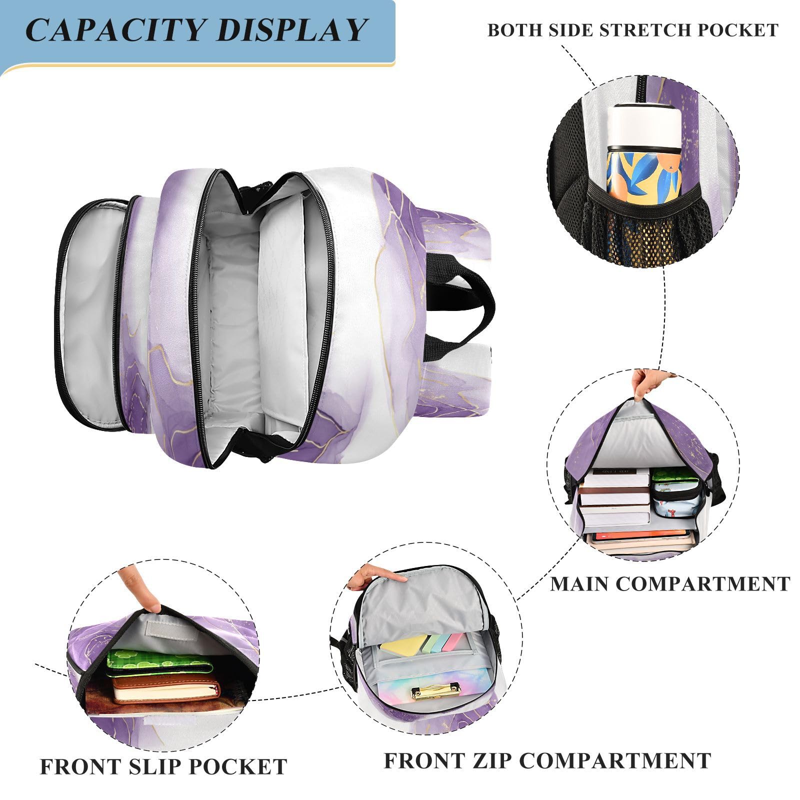Zaino per computer portatile per bambini con glitter dorato viola marmo scuola media casual zaino quotidiano borsa per laptop da viaggio, B537