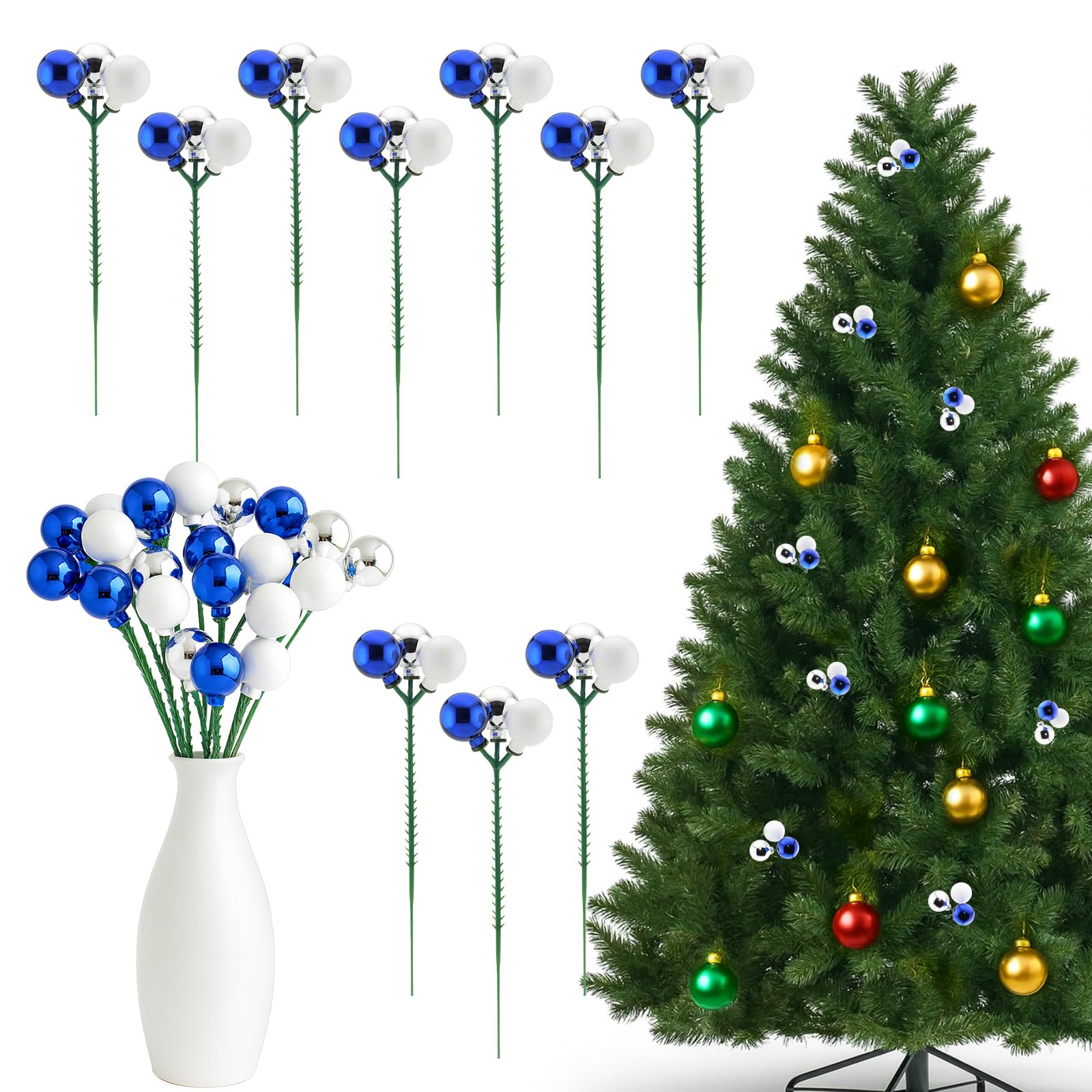 Photo 1 of 10 Pcs Christmas Ball Ornaments 7.9 Inch Red Green Gold Christmas Tree Picks for Holiday Wedding Vase Fillers Xmas Tree Topper DIY Wreath Crafts Decor (White,Silver,Blue)