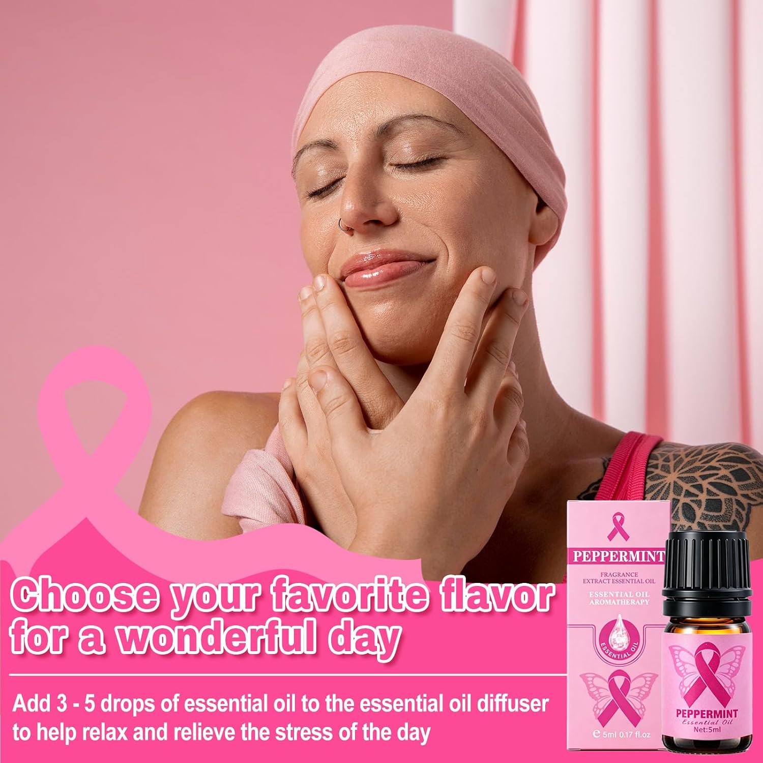50 PCS Breast Cancer Awareness Peppermint Essential Oil Set for Skin Diffuser Candle Making Pink Ribbon Fragrance Aromatherapy Oils for Pink October Breast Cancer Charity Survivor Gifts (5ml)