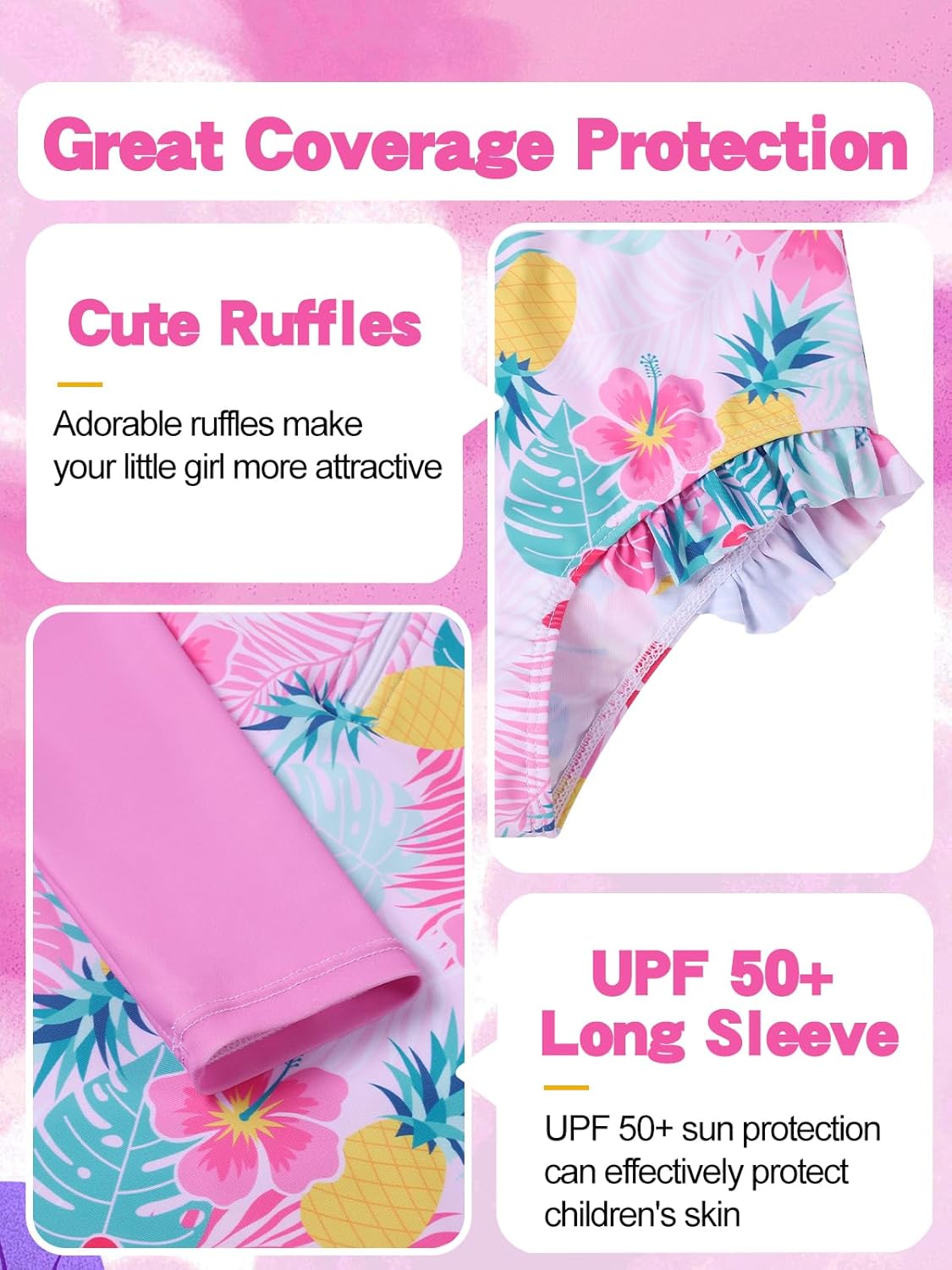 Valcatch Girls Rash Guard Swimsuit Set 2 Piece Long Sleeve UPF 50+ Quick Dry Bathing Suit with Ruffle Shorts for Kids - Image 6