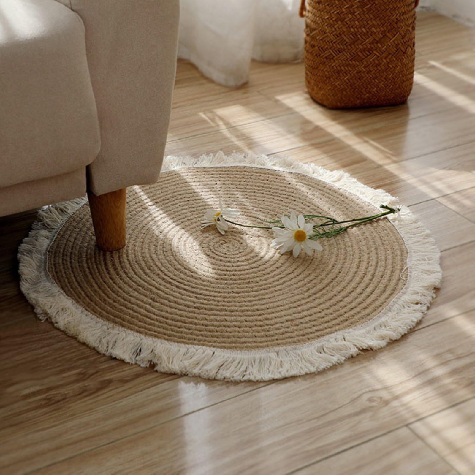 Okrągły Dywan, BawełNiano-Lniany Tkany Frędzel Naturalny Pleciony Boho OkrąGły Dywanik Do Wystroju Domu do Sypialni, Salonu, Pokoju Zabaw,Brown,45cm