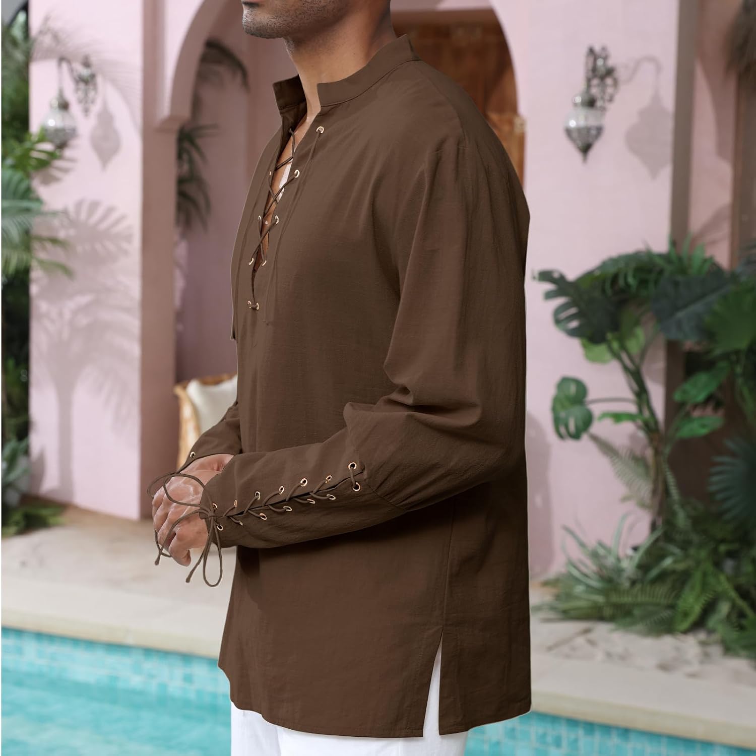 Men's Cotton Linen Shirt Drawstring Arm Banded Tops Medieval Viking Pirate Renaissance Halloween Costume - Image 3