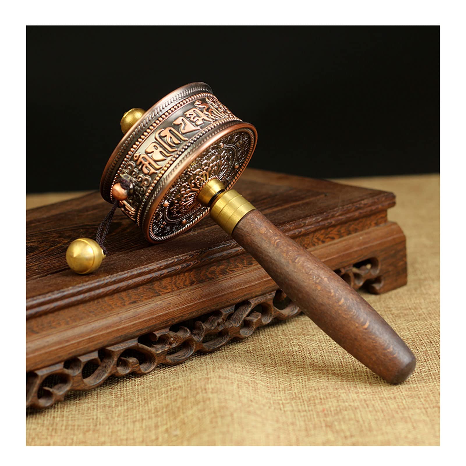 Ryryr Copper Buddhist Handheld Prayer Wheel,Hand Held Prayer Wheel,Tibetan Prayer Wheel,Buddhist Prayer Wheel Hand Cranking Buddhist Prayer Wheel Wooden Handle Premium Buddha Scriptures Prayer Wheel For,Praying(Co