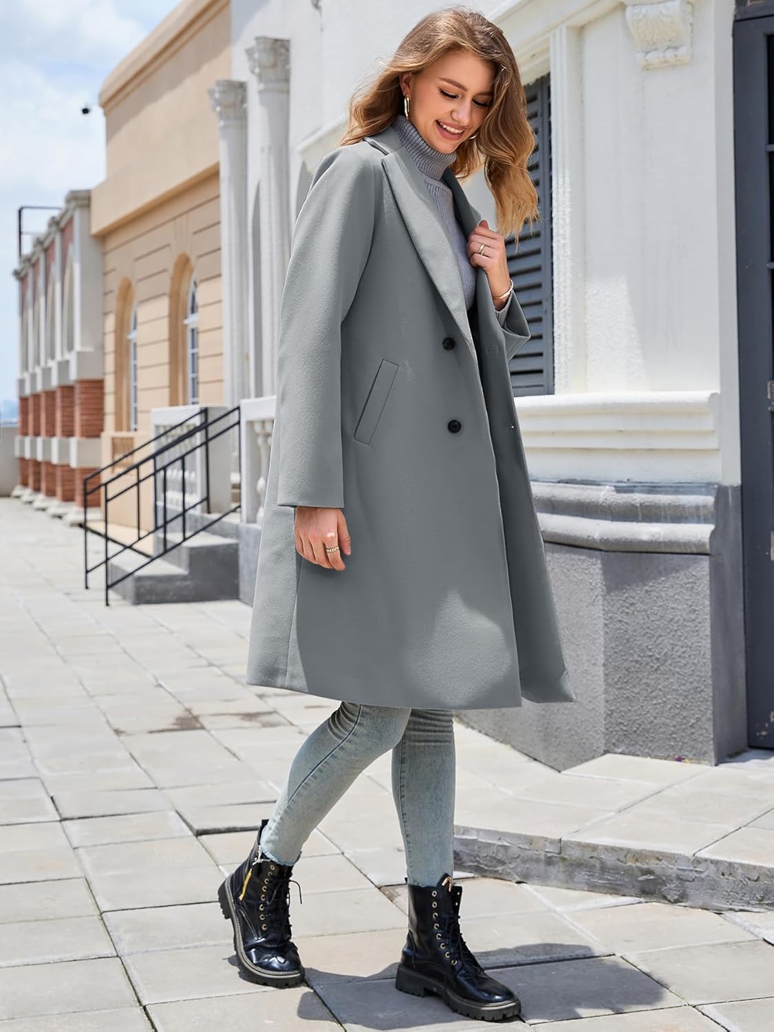 Women's Winter Pea Coat Notch Laple Double Breasted Casual Wool Blend Trench Coats - Image 2