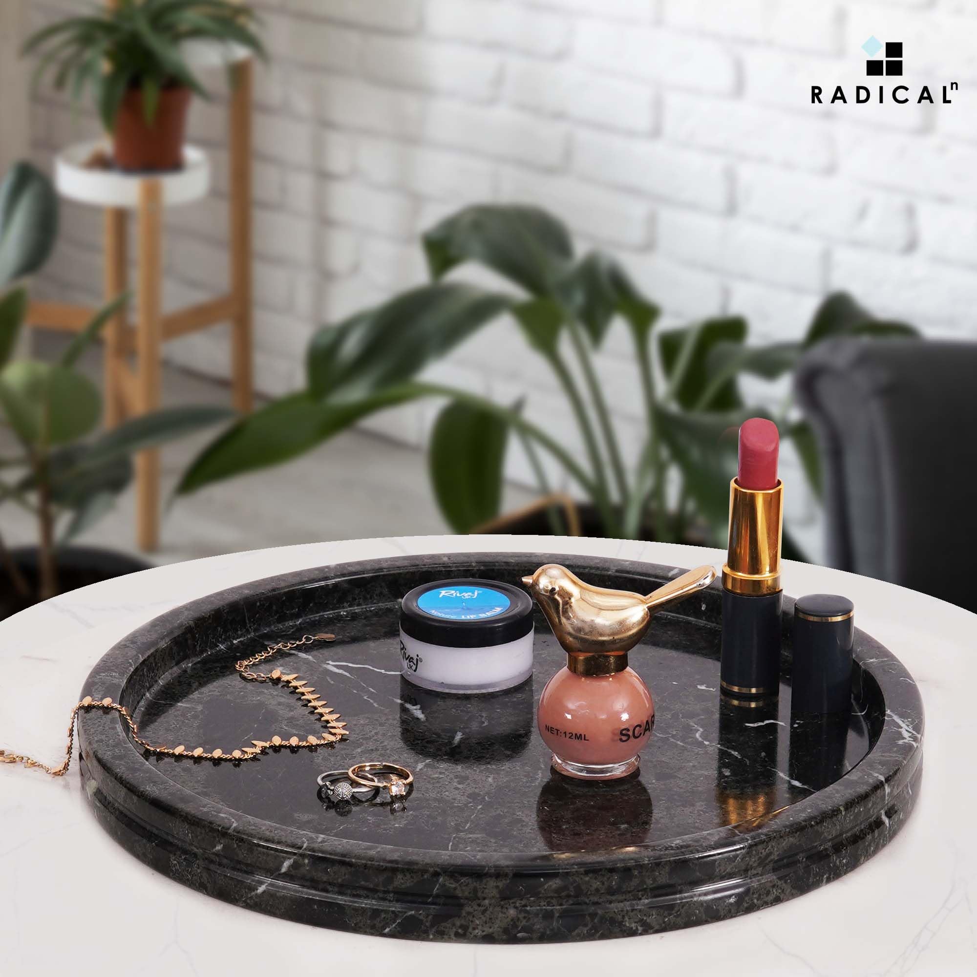 Radicaln Bandeja redonda de mármol para tocador y mostrador de baño, bandeja de servir de 10 pulgadas | Bandeja de piedra decorativa negra hecha a mano para perfume, joyas y velas, bandeja de servir para fiestas