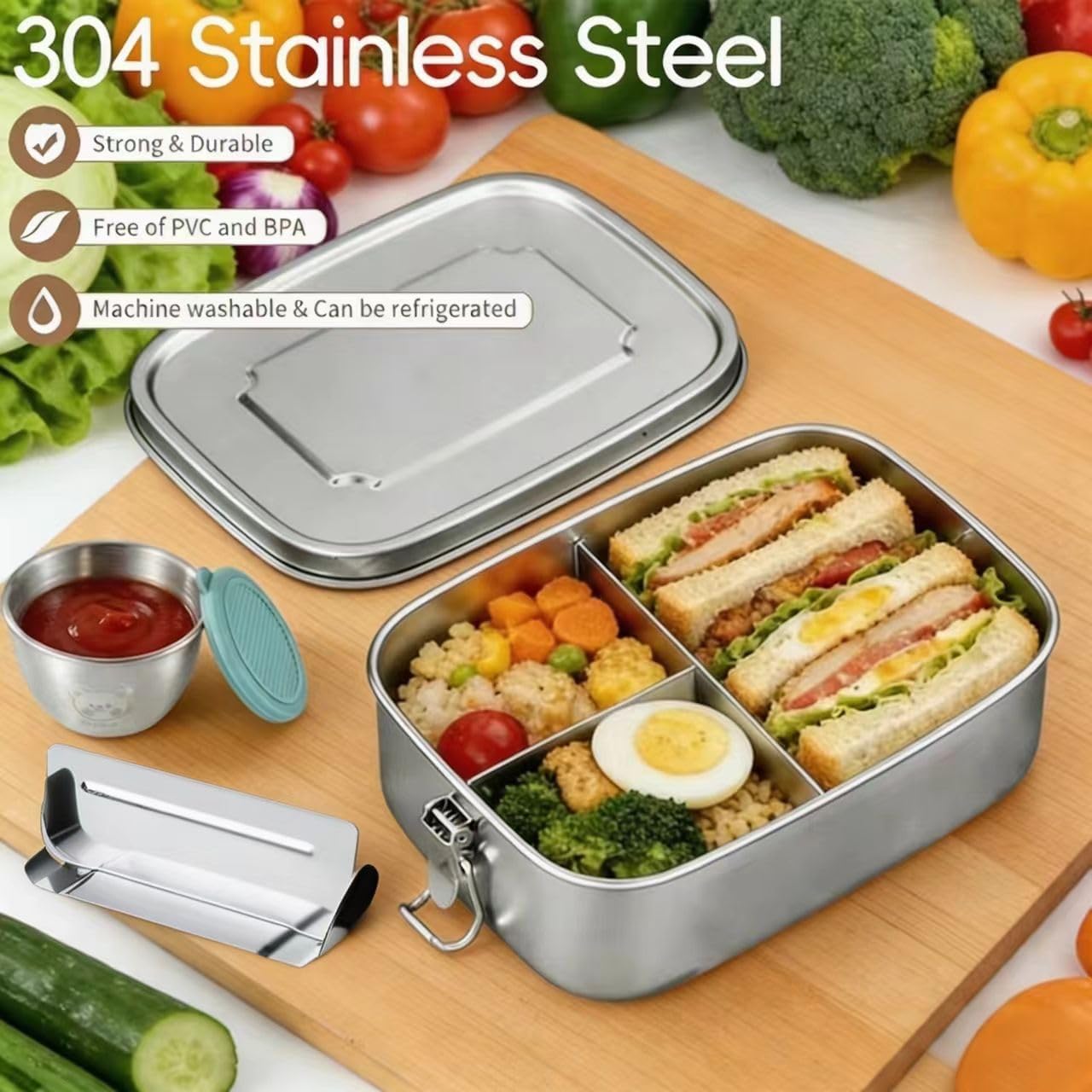 Stainless Steel Lunch Box 50oz with 4Compartments, Stainless Steel Bento Box 1500ml, Metal Lunch Box Adults with Sealing Lockable Clips, Snack Containers for Camping Home Office Picnic Dishwasher Safe image 4