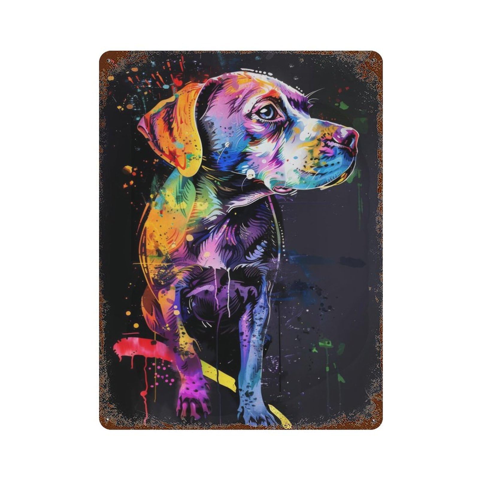 Distressed Metal Wall Sign Dog Popart Painting 15.7"x11.8", Vintage Wall Decor for Garage, Bar And Workshop Decor
