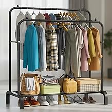 KRISHYAM Heavy-Duty Metal Garment Rack with Double Rod & Bottom Shelf | Multi-Purpose Clothes & Coat Organizer Stand for Bedroom & Laundry | Black | 110 x 57 x 150 cm