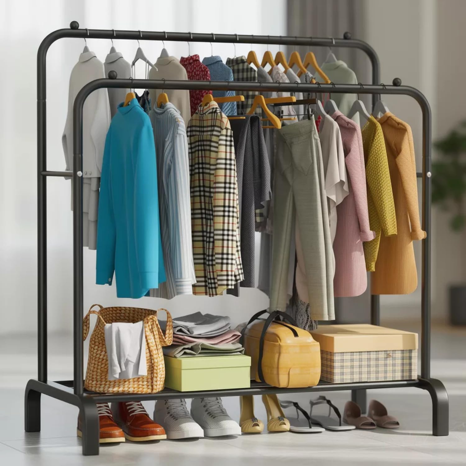 KRISHYAM® Heavy-Duty Metal Garment Rack with Double Hanging Rod & Storage Shelf, Multi-Purpose Clothes Organizer Stand for Bedroom, Closet & Laundry (Black, 110x57x150 cm)
