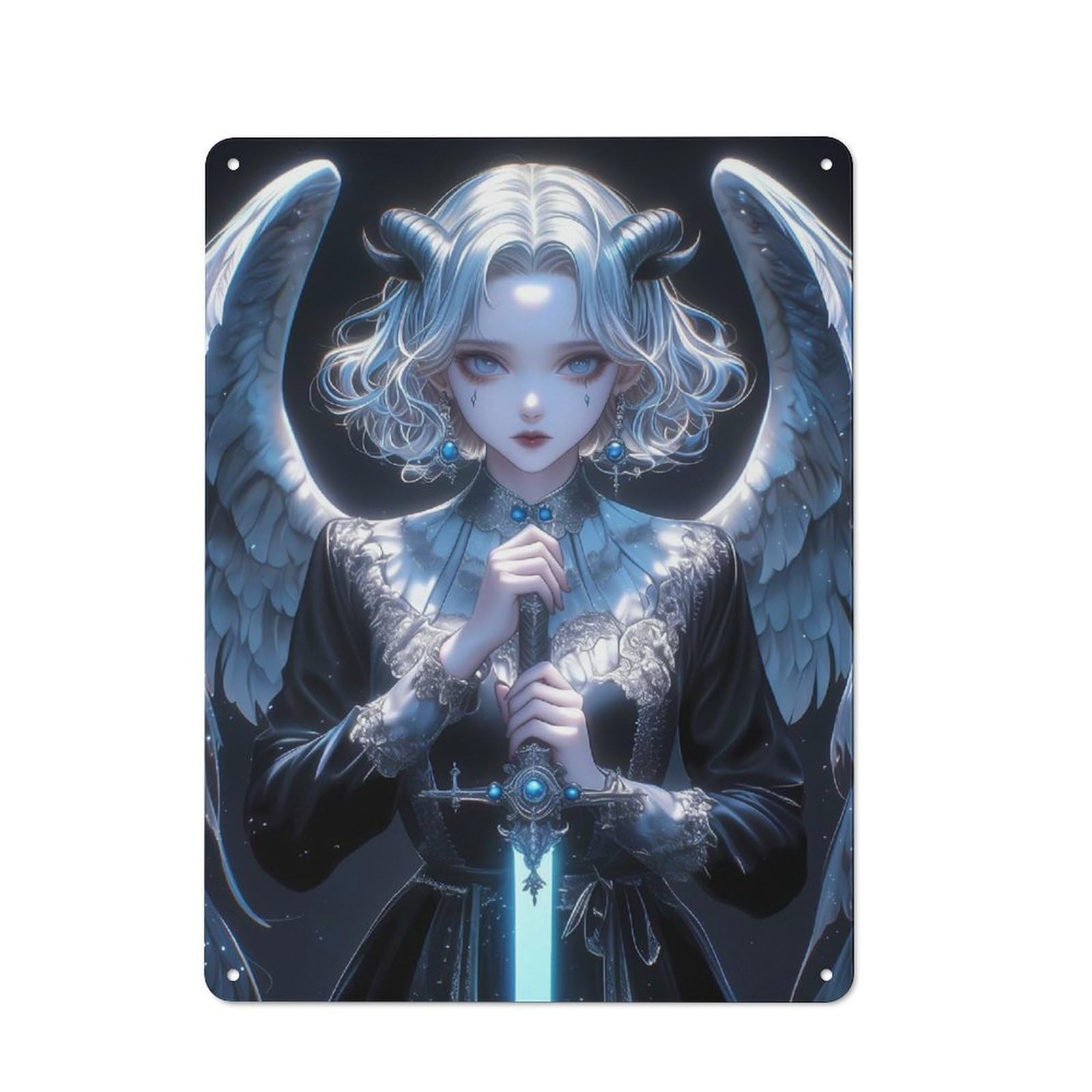 Gothic Angel with Sword Printed Metal Sign 40x30cm for Café Or Home Bar, Housewarming Wall Decor for People Furnishing Café And Home Bar