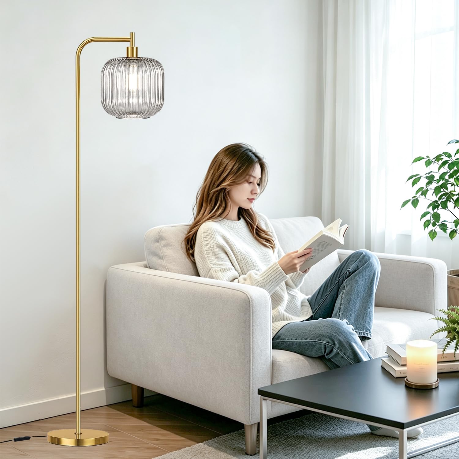 How to Choose a Floor Lamp: A Buyer Guide (2026) 2 MAYNAPENDANTLIGHT MAYNA Gold Floor Lamp, Dimmable Standing Lamp with Clear Ribbe - product photo