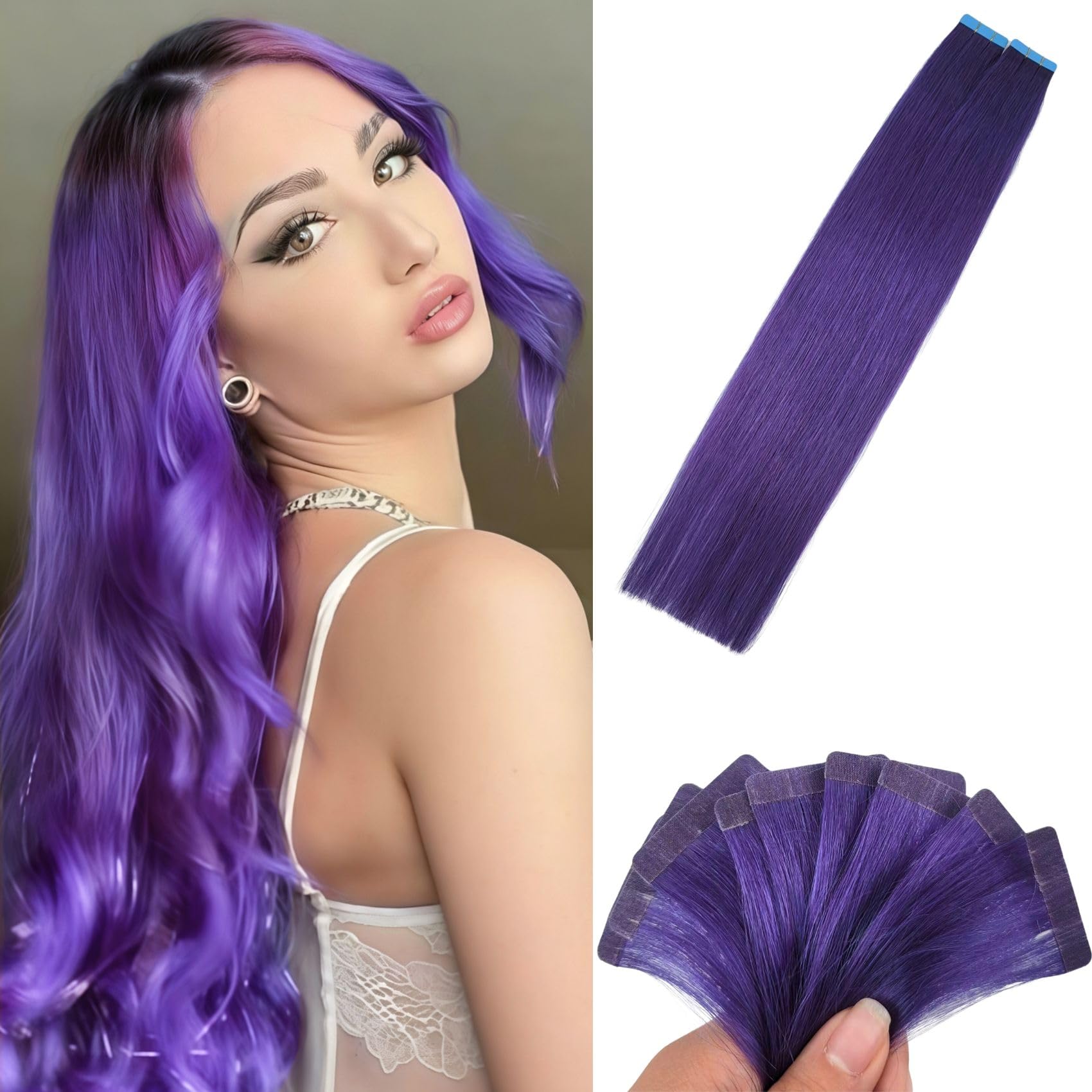 Purple Tape in Hair Extensions Human Hair 22 inch Invisible Seamless Tape in Extensions Soft Remy Human Hair Extensions for Festival Women