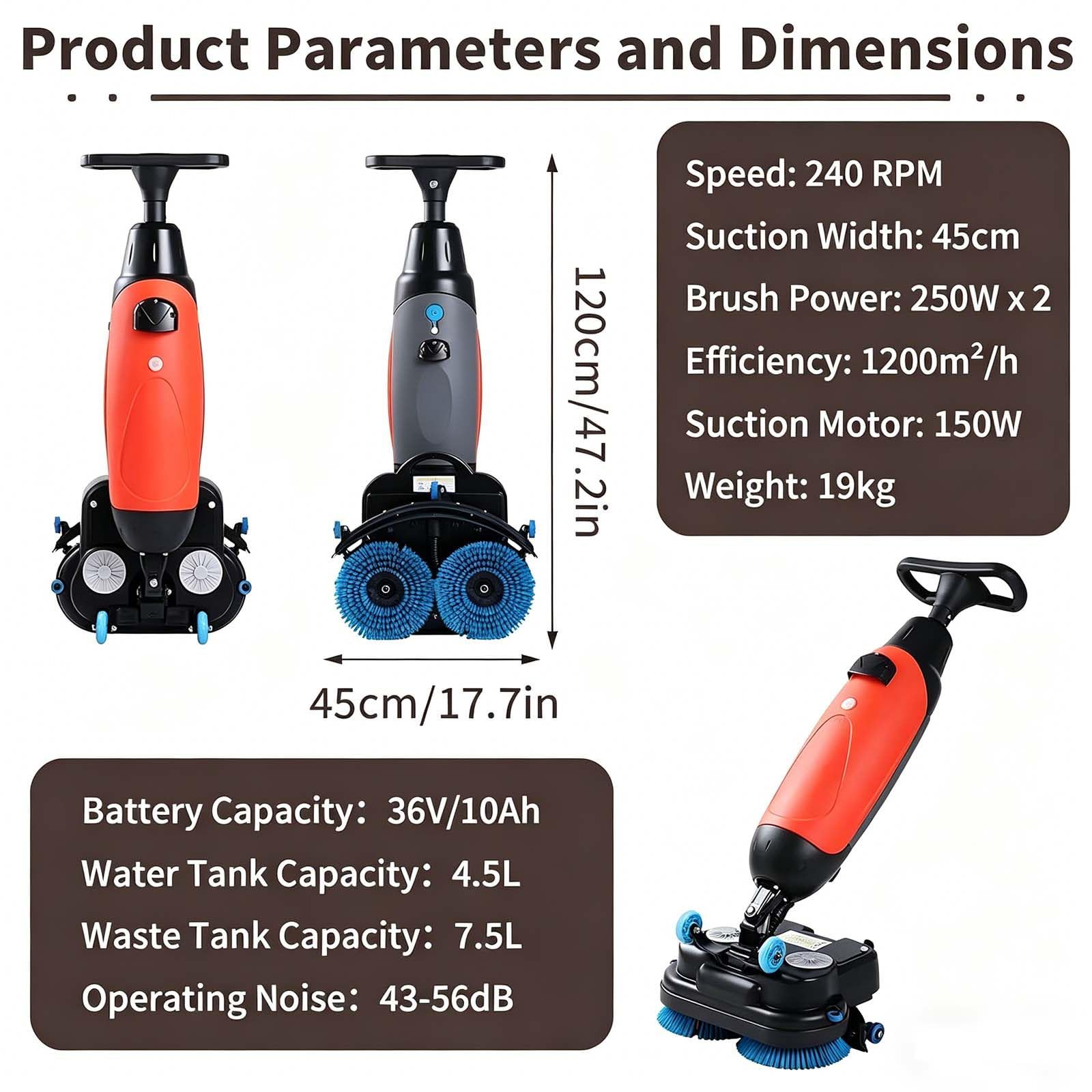 Lavapavimenti Professionale con Serbatoio da 4,5 L/7,5 L, Asciugatura Istantanea, Doppia Spazzola, Silenziosa (43-56 Db), Macchina A Spinta per Hotel, Scuole E Uffici Grey