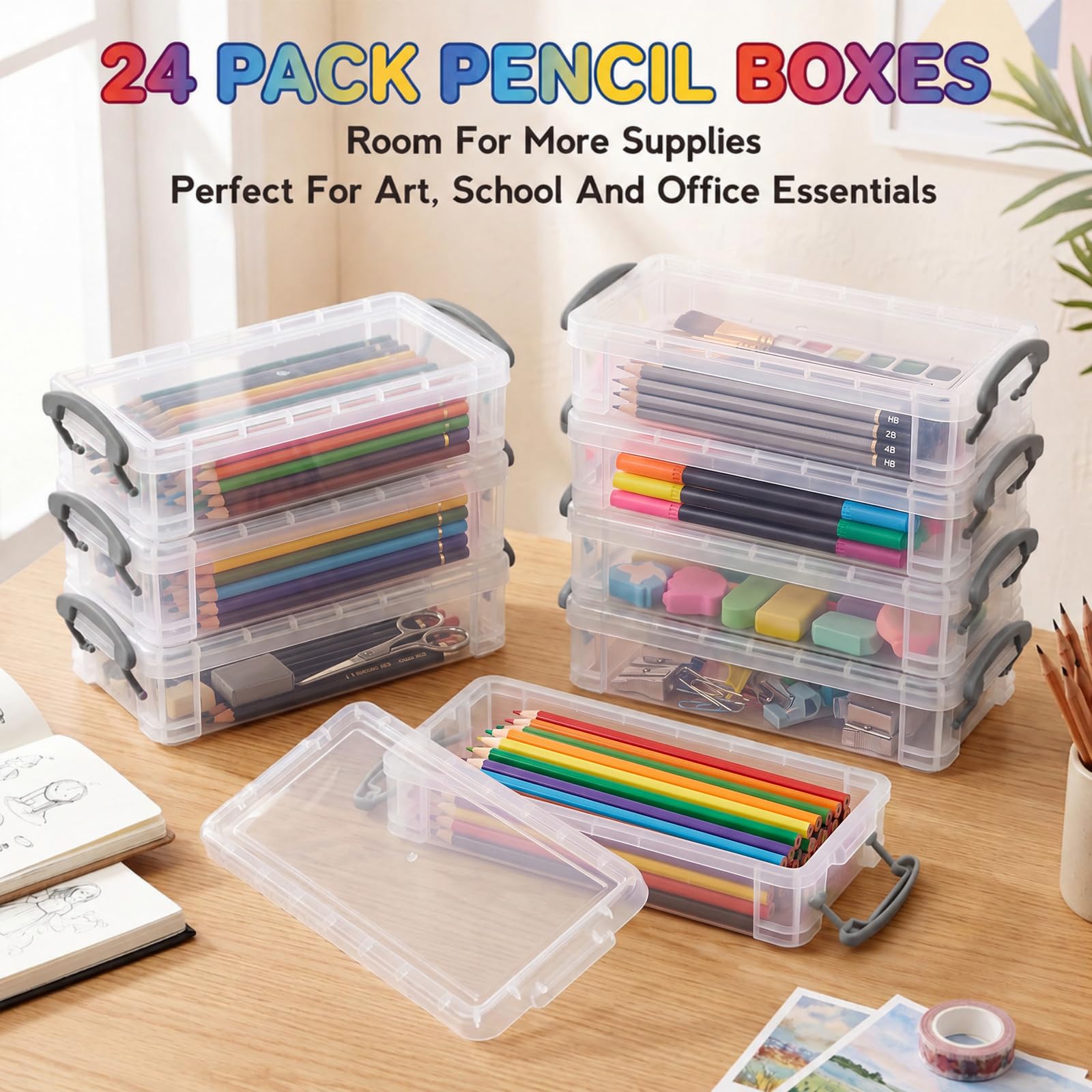 Zonon Stiftebox mit großem Fassungsvermögen, stapelbar, transparenter Kunststoff, Aufbewahrungsbox, Malpinsel, Aufbewahrungsbox, durchscheinendes Aquarell-Federmäppchen mit Druckknopfdeckel, Grau, 24