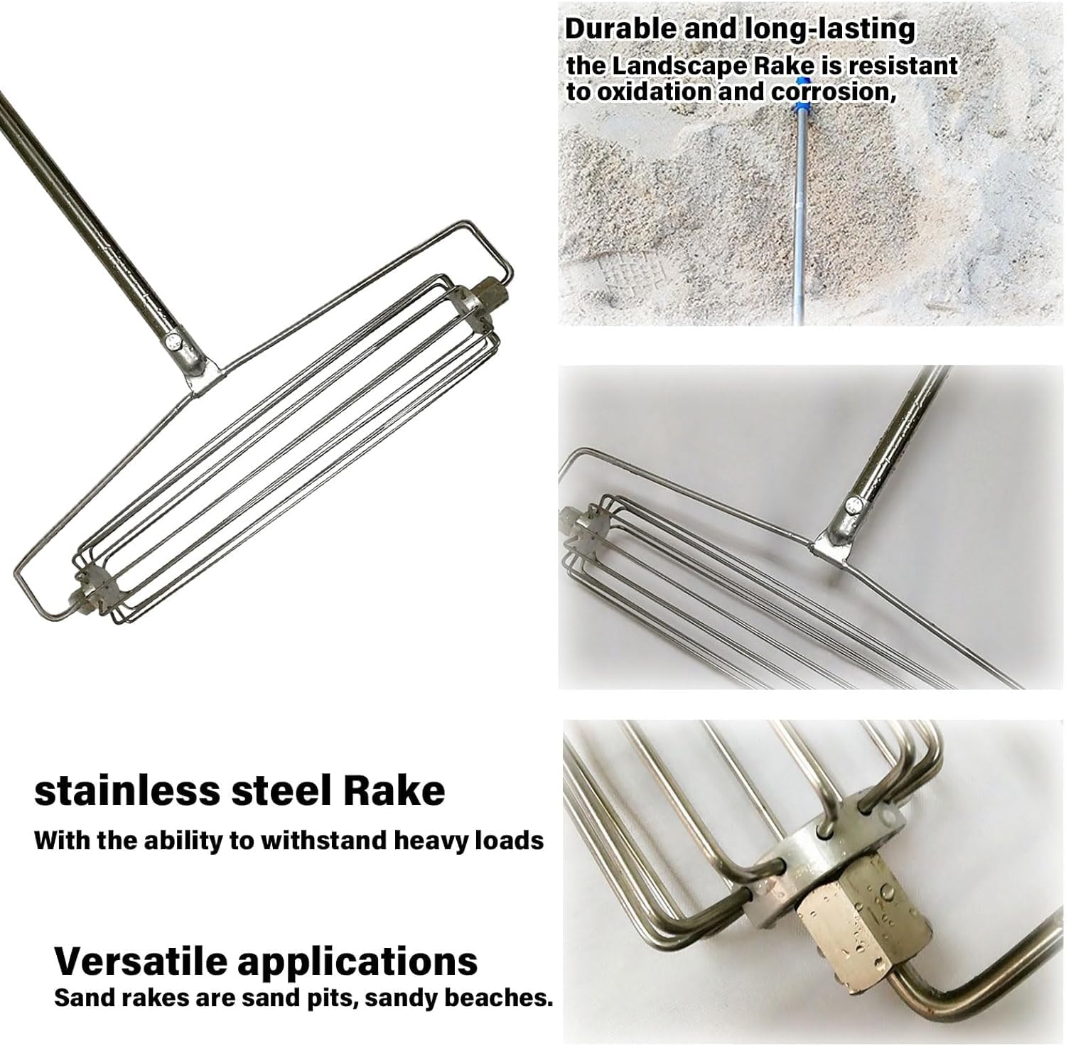 Rastrello per sabbia con rullo, in acciaio inox, resistente, per campi da golf, spiaggia, giardino e campi sportivi