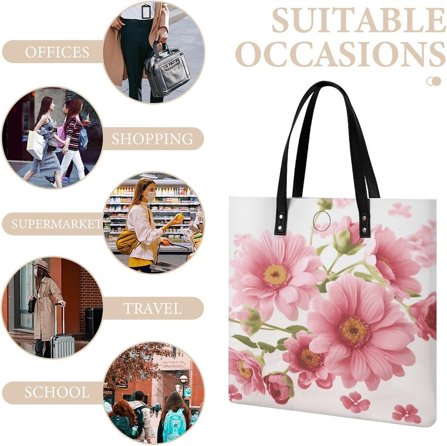 Pink Flowers Tote Bag with Magnetic Buckle Reusable Grocery Bags Lightweight Cross Body Handbag for Daily Essentials