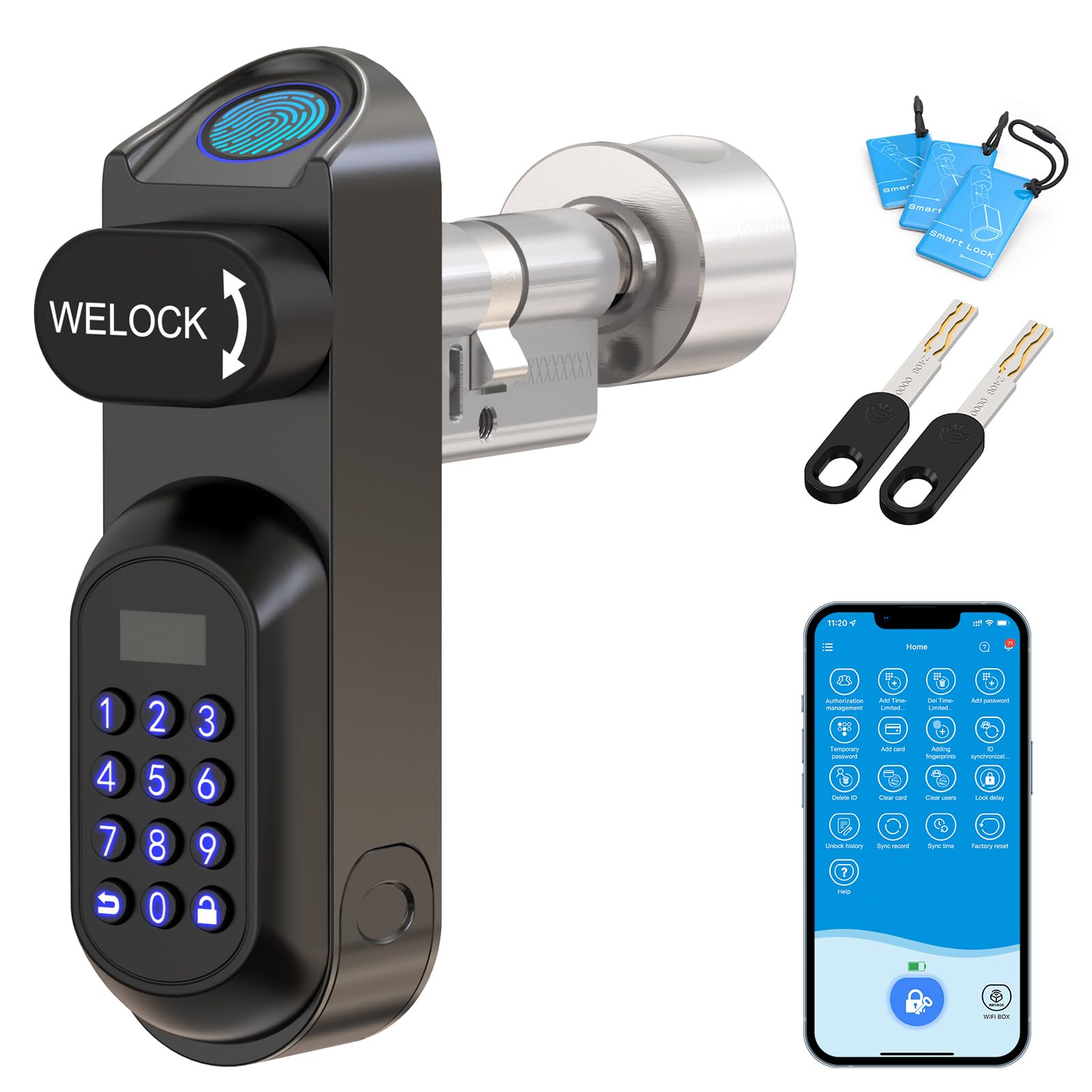 WELOCK U81 Smart Door Lock,6-in-1 Fingerprint Biometric Lock with App Control, RFID Card and Keypad Entry for 50-95mm British Doors, Weatherproof Security Lock