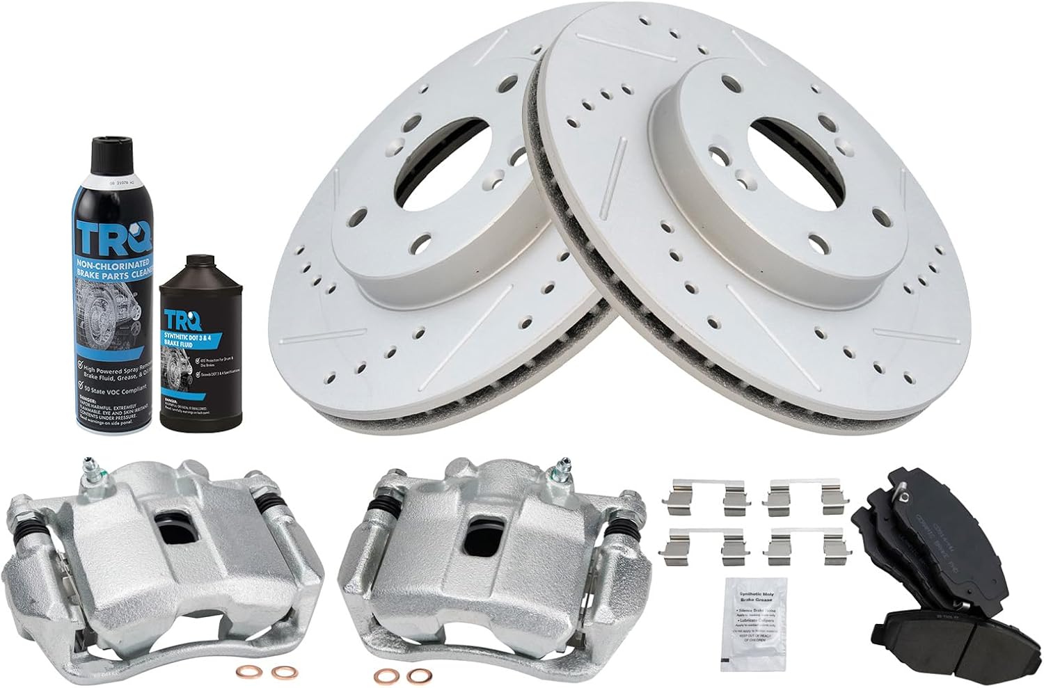 TRQ Front Performance Brake Pad & Rotor Kit Brake Caliper Brake Chemical Kit Brake Pads Brake Rotors Set Ceramic Premium G-Coated Compatible with 2013-2014 Honda Fit