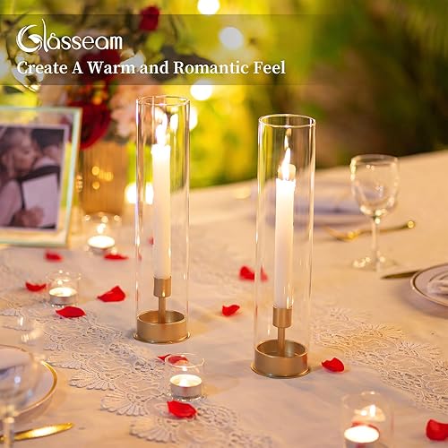 Miniatura 4 de Glasseam Juego de 6 portavelas dorado Hurricane, juego de 6 portavelas cilíndricos de cristal, modernos portavelas cónicos con pantalla de chimenea