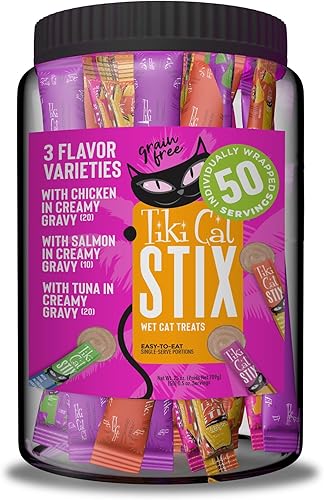 Tiki Cat Stix Mousse Golosinas, Mega tarro variado, golosina indulgente de una sola porción o adorno para alimentos secos, 50 unidades, 25 onzas