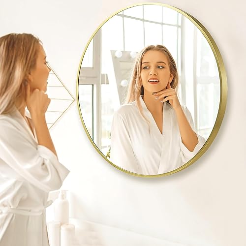 Miniatura 7 de Espejo de pared circular dorado de 30 pulgadas, espejo redondo con marco de metal dorado cepillado para tocador de baño, decoración de dormitorio,