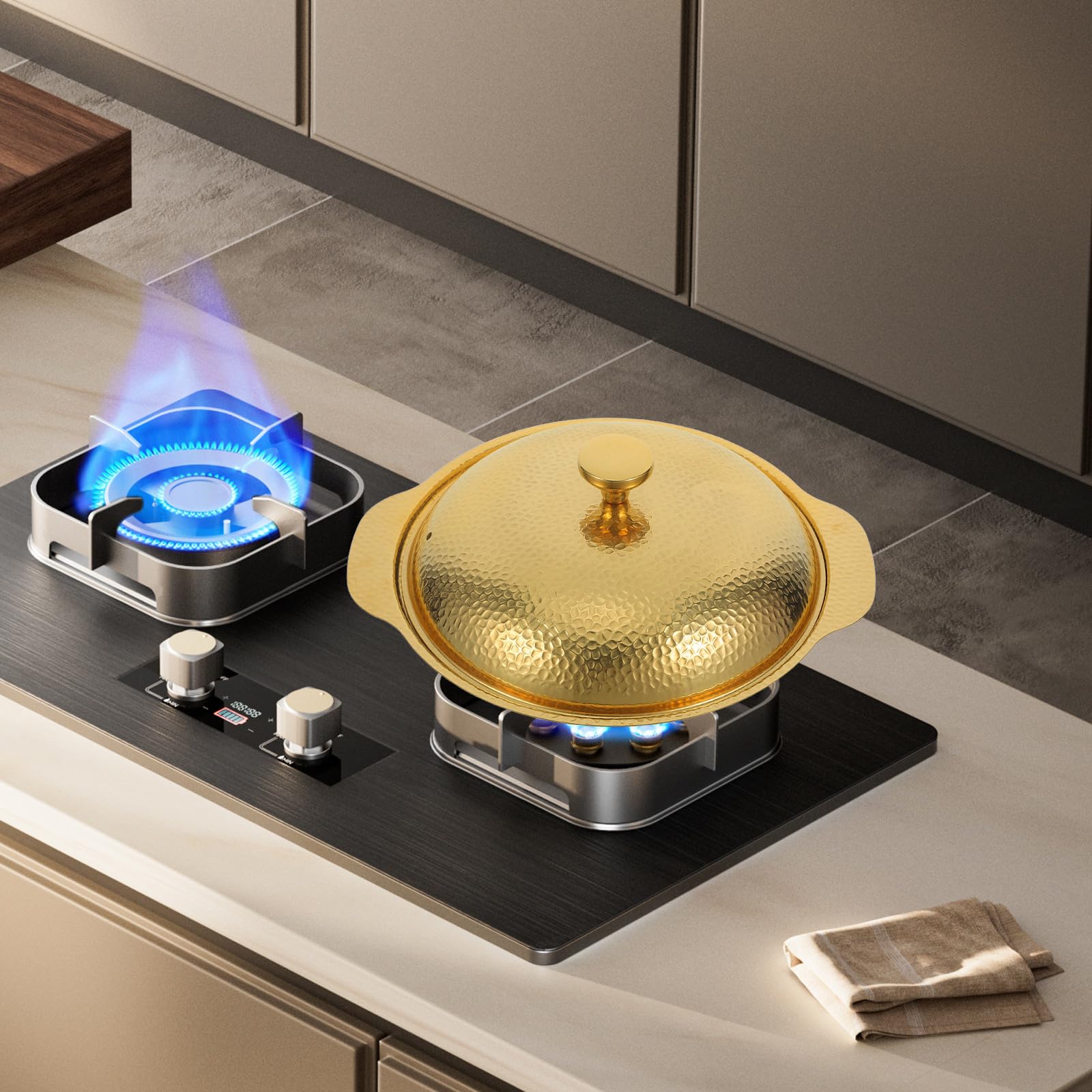 MAGICLULU Padella per Paella Fondo Piatto e Coperchio Doppia Maniglia in Acciaio Inossidabile con Design Martellato Distribuzione Calore Uniforme per Cene a Casa