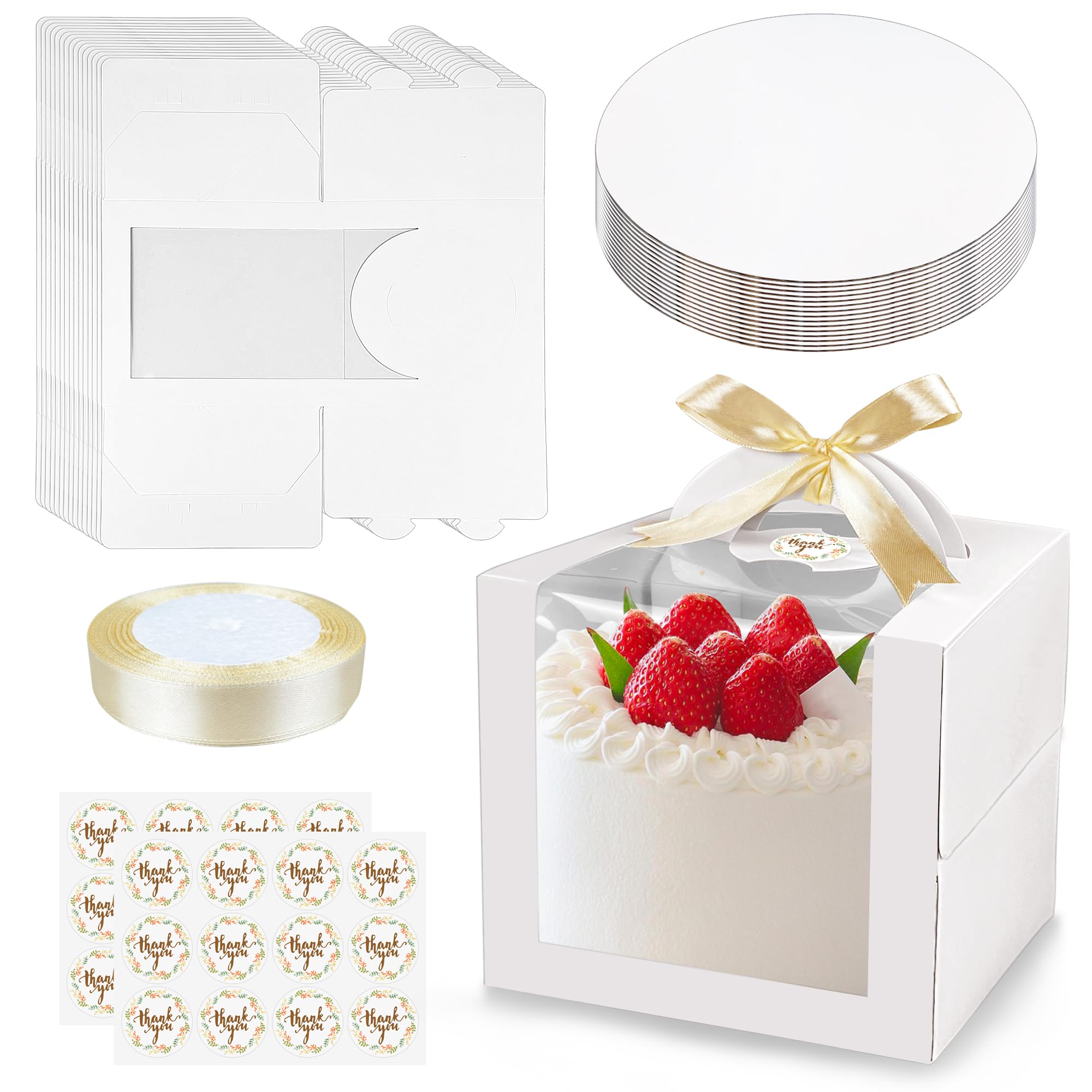 Photo 1 of ** MISSING BOXES*** MUMULULU 15 PCS 6 x 6 x 6 Inches Cake Boxes with Carry Handles and Cake Boards White Bakery Boxes with Silk Ribbon and Stickers for Cakes Pastries Birthday Party Wedding