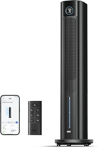 Dreo Evaporative Air Swamp Cooler, 43" Cooling Fans that Blow Cold Air 2025 Upgraded, 85° Oscillating Floor Fan for Bedroom, Easy Cleaning, APP Control, Ice Packs, 4 Speeds & 4 Modes, 12H Timer, Black