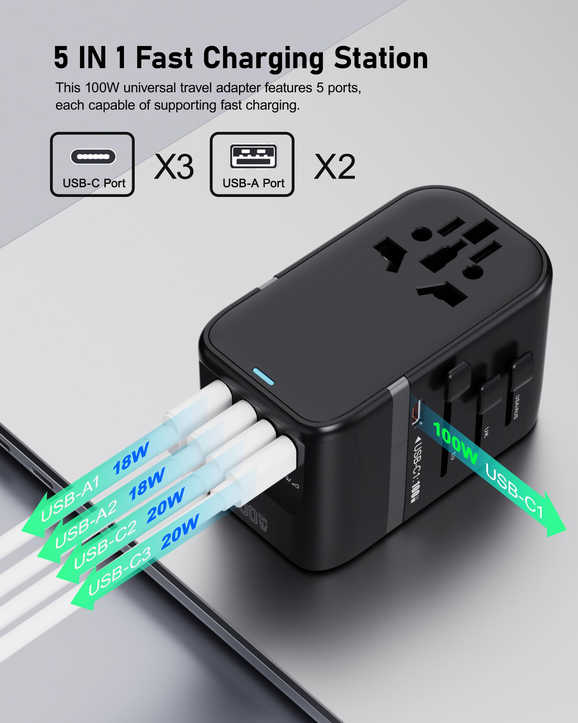 100W GaN Universal Travel Adapter International Power Adapter 5 USB 3 USB C Charging Ports European Travel Plug Adapter Worldwide