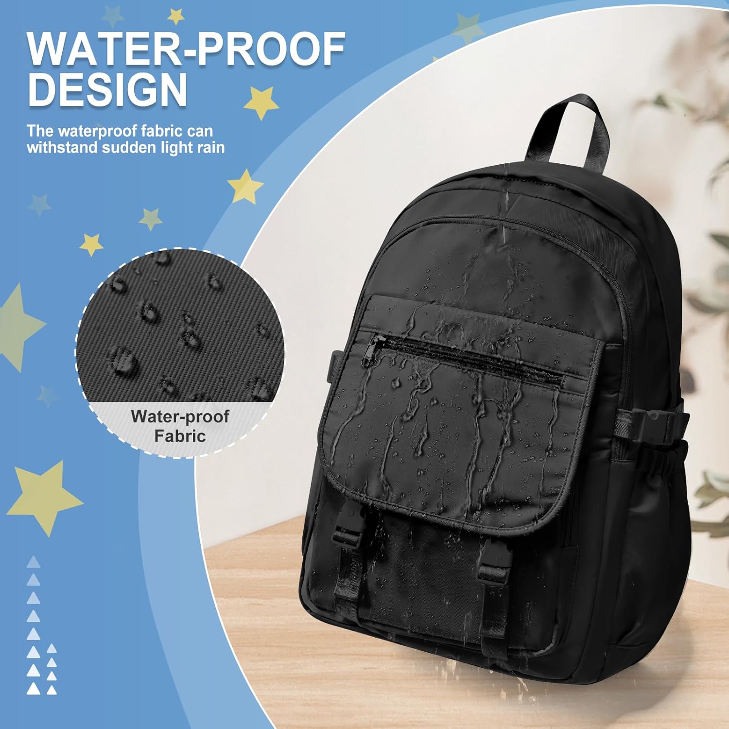 Black Lightweight Waterproof Backpack for Women Men Large Capacity College School Bag with Luggage Straps Multiple Pockets Durable High School Bookbag, Casual Daypacks for Students Girls Boys - Image 5