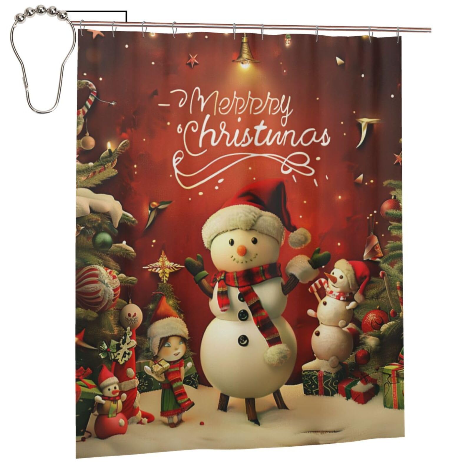BWWHCCTI Merry Christmas Printed Shower Curtain With 12 Iron Hooks Opaque Quick Drying Waterproof Shower Curtains Sets For Bathroom 152x183 Cm