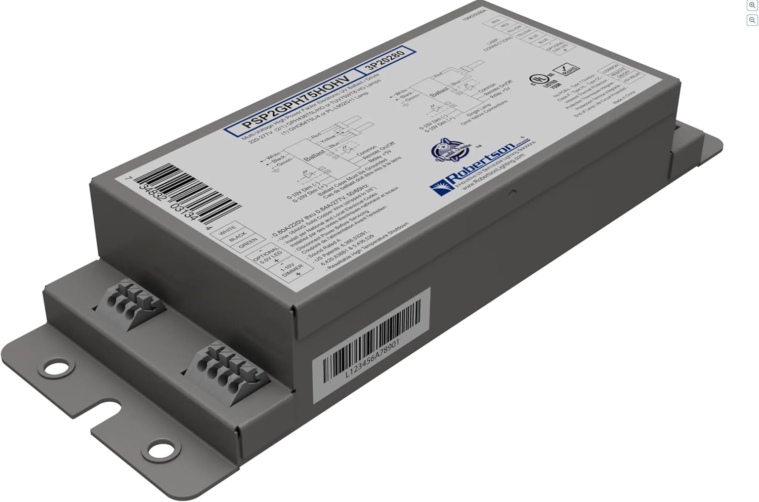 Robertson PSP2GPH75HOHV Electronic Ballast, 800mA, 220-277Vac, for 1 or 2 35W-155W HO Preheat Lamps, Remote On/Off, Dimming, Qty 1 (3P20280)