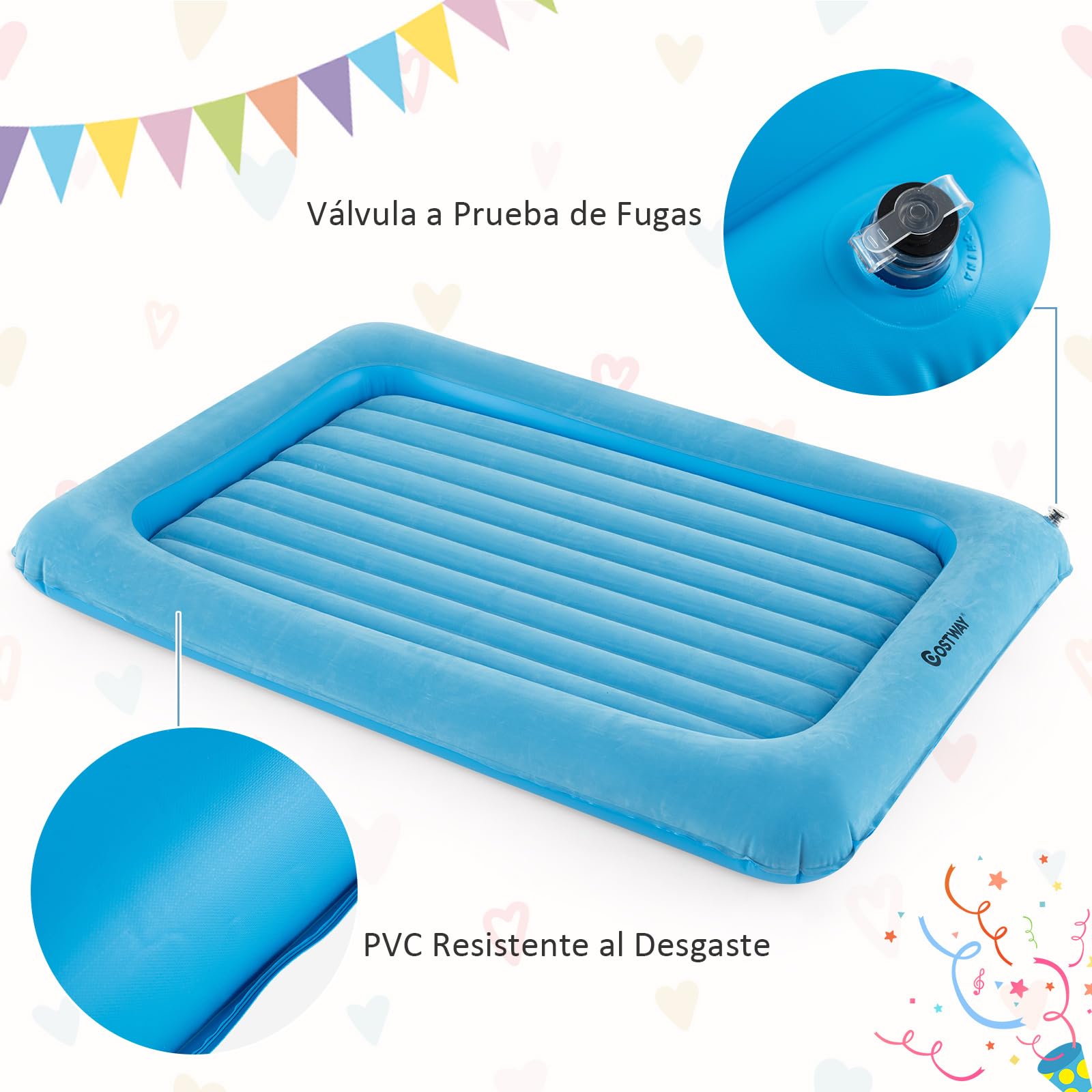 COSTWAY Colchón Inflable de Viaje para Niños, Colchón Portátil con Bomba Eléctrica, Cama Hinchable con Bordes Elevados y Colchón de Doble Cara para Habitación Infantil, Dormitorio (Celeste)