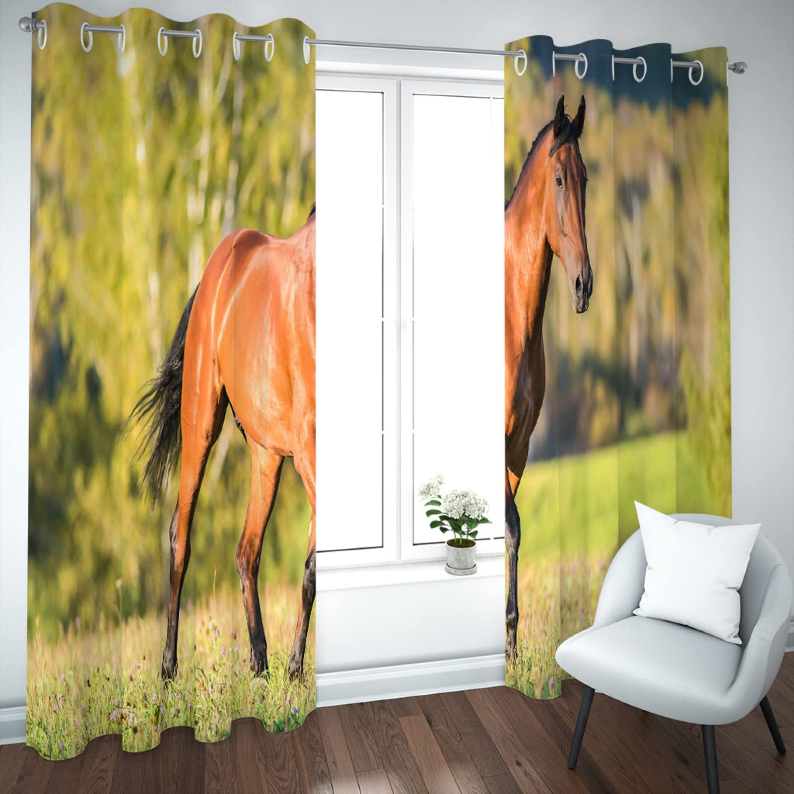 Vorhänge Verdunkelung Kinderzimmer Mädchen Junge Mit Ösen Wald Sonnenschein Tier Pferd 2Er Set 200X160Cm Gardinen Wohnzimmer Schlafzimmer Verdunkelungsvorhang Thermovorhang Hitzeschutz Schallschutz