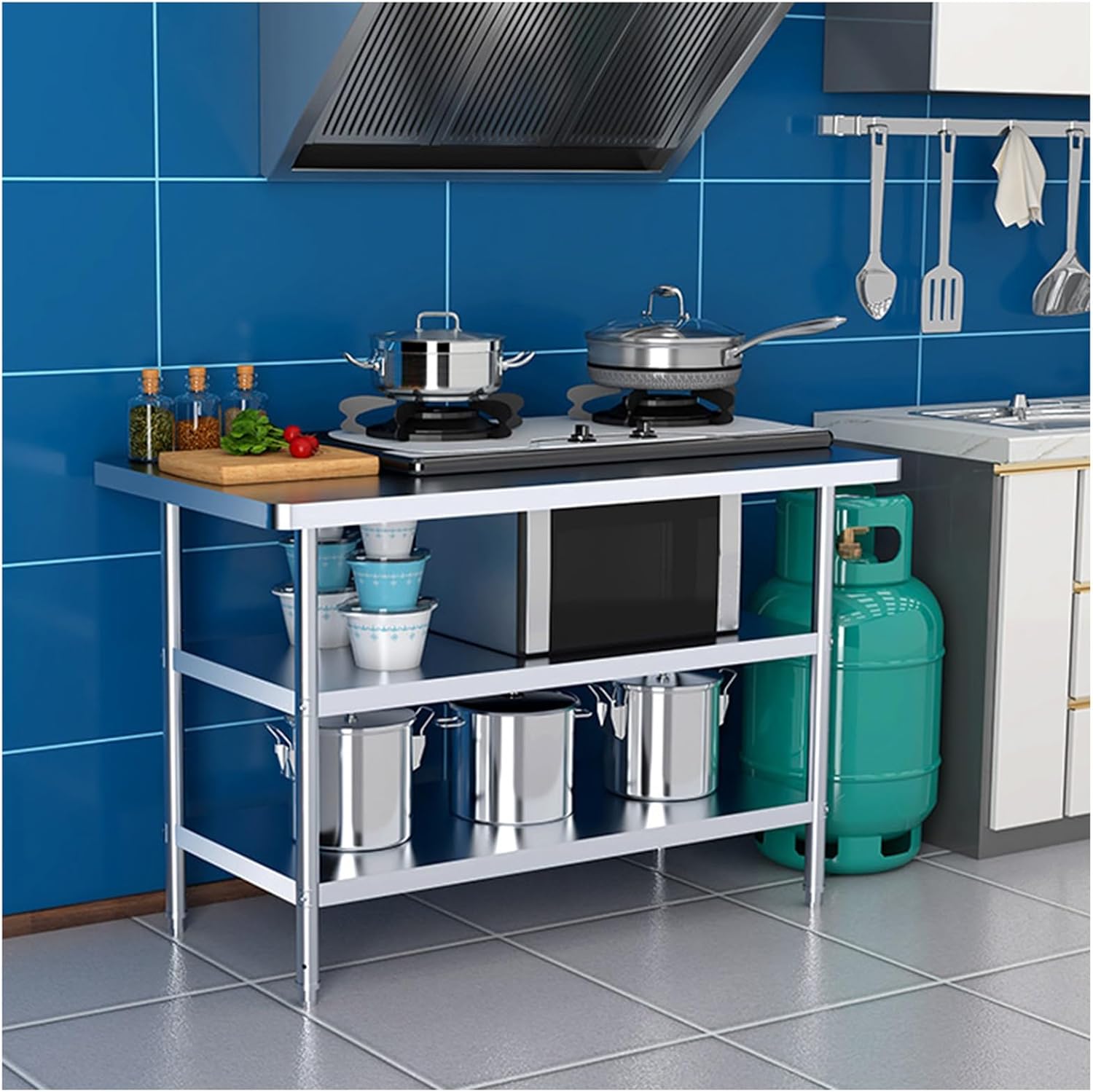 Stainless Steel Work Table Thickened Steel Construction 3-Tier Multi-Functional Shelving Design Rounded Corners Commercial Kitchen Workbench Height 31.5" Water Proof and Rustproof