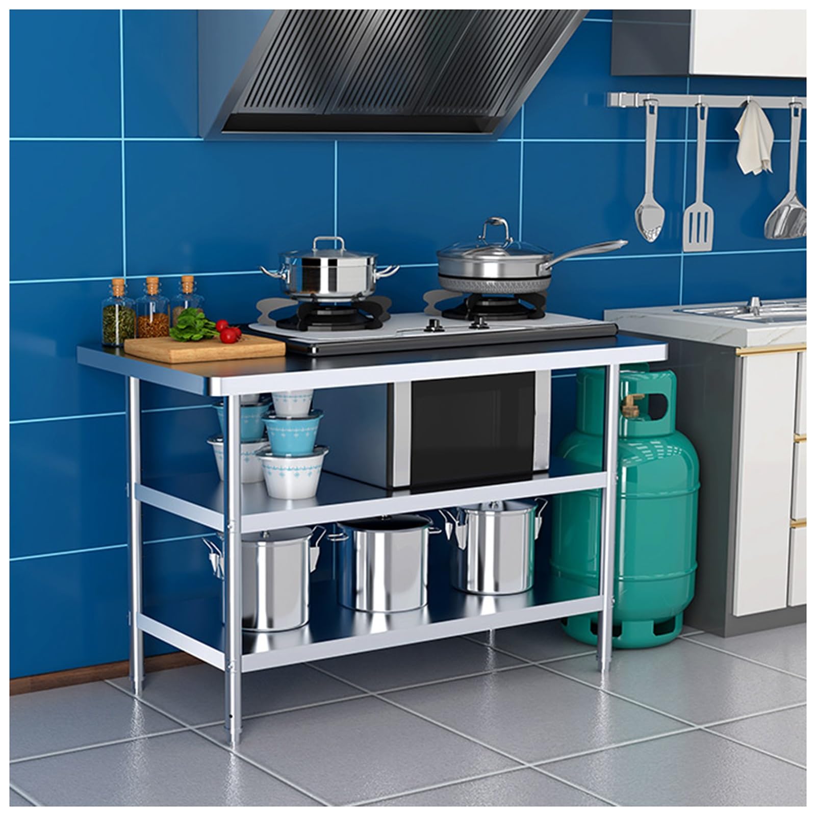 Tavolo da lavoro commerciale in acciaio inox, resistente, 3 ripiani, con angoli arrotondati, impermeabile e antiruggine, altezza 80 cm, ideale per cucina e ristorazione