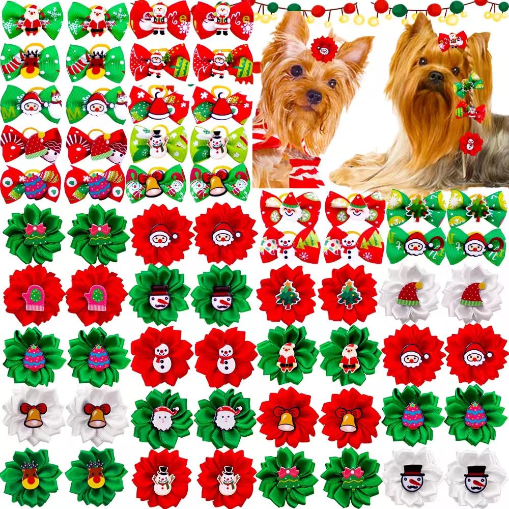 40pcs Christmas Dog Bow Flower with Rubber Band,Puppy Yorkie Dog Hair Bows with Cartoon Patch?Pet Small Dog Girl Flower Christmas Hair Topknot Bowknot Hair Accessories Pet Grooming for Christmas