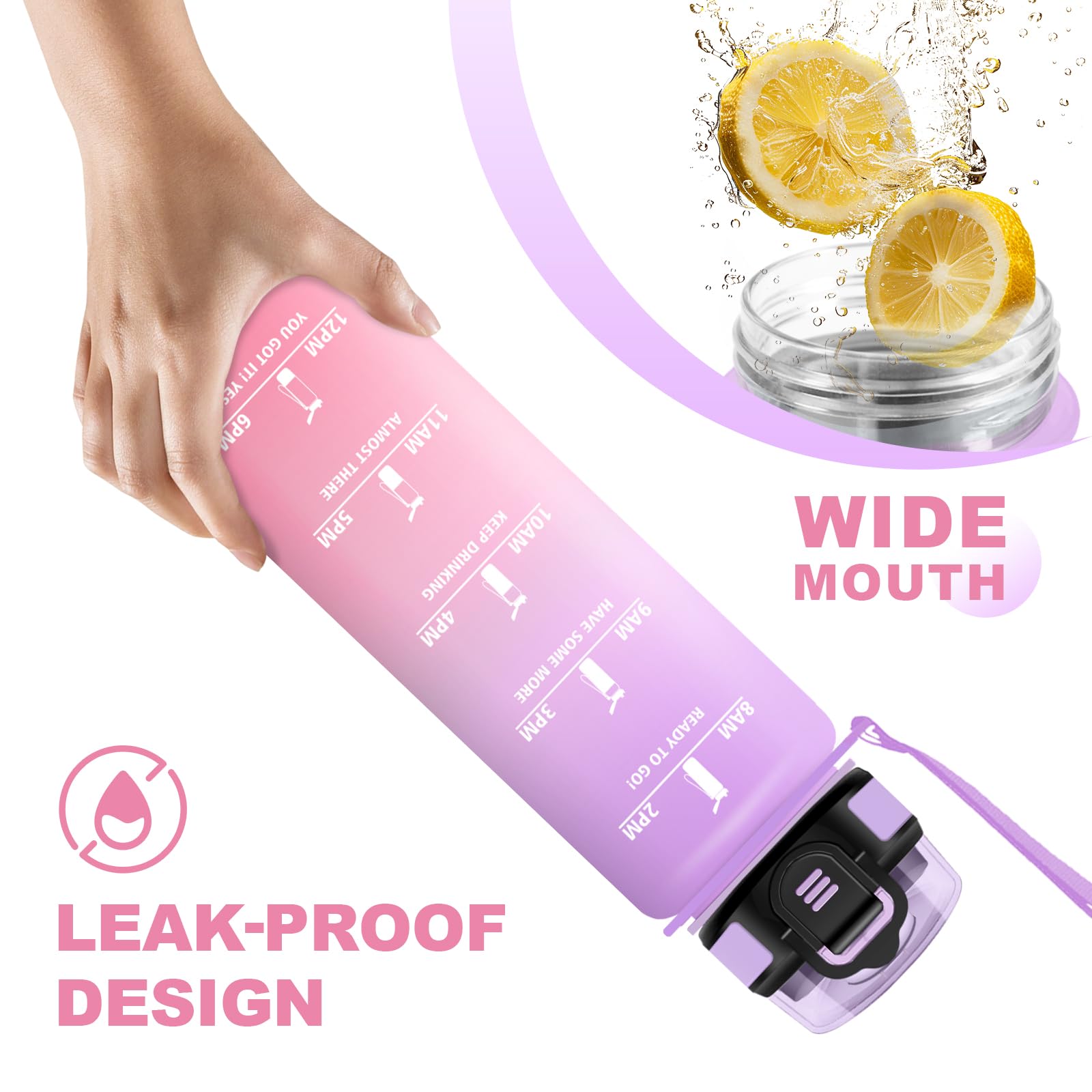 JAPORIA Borraccia 1L, Bottiglia Acqua Motivazionale con Cannuccia, a Prova di Perdite, Indicatore del Tempo, per Ufficio, Escursionismo