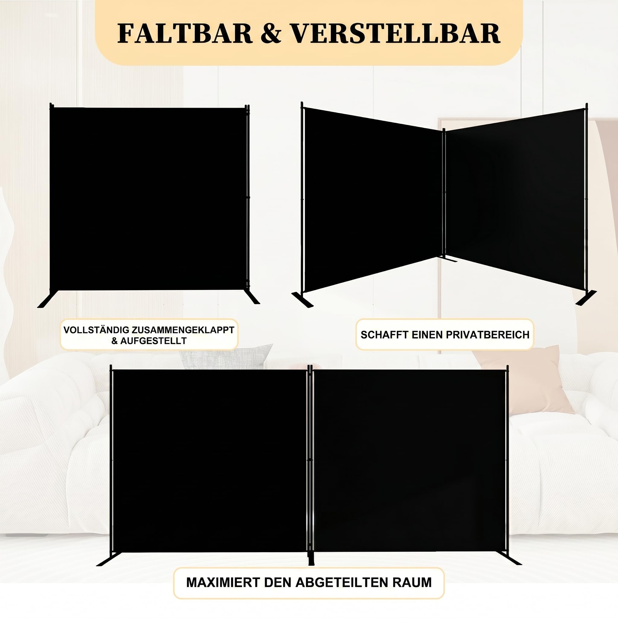 T&Jero 2-Panel Faltbarer Raumteiler, Tragbarer Sichtschutz Für Zuhause Und Büro, Freistehende Raumtrennwand Für Schlafzimmer, Wohnzimmer, Studio, 360cm Breit X 180cm Hoch, Schwarz