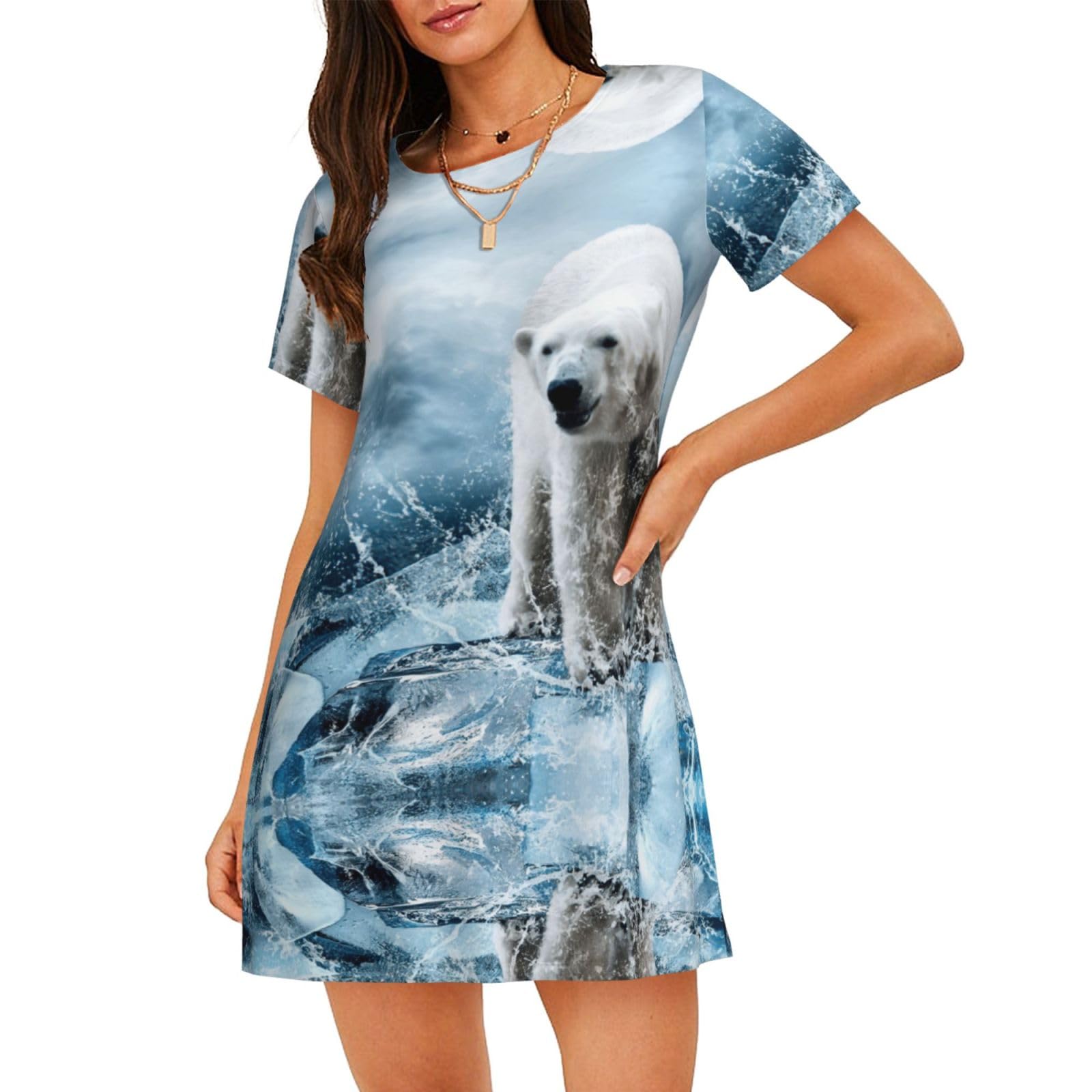 HKHLHLH Cool Animal White Polar Bear Women'S Nightshirt Short Sleeve Down Nightgown Round-Neck Sleepwear Pajama Dress
