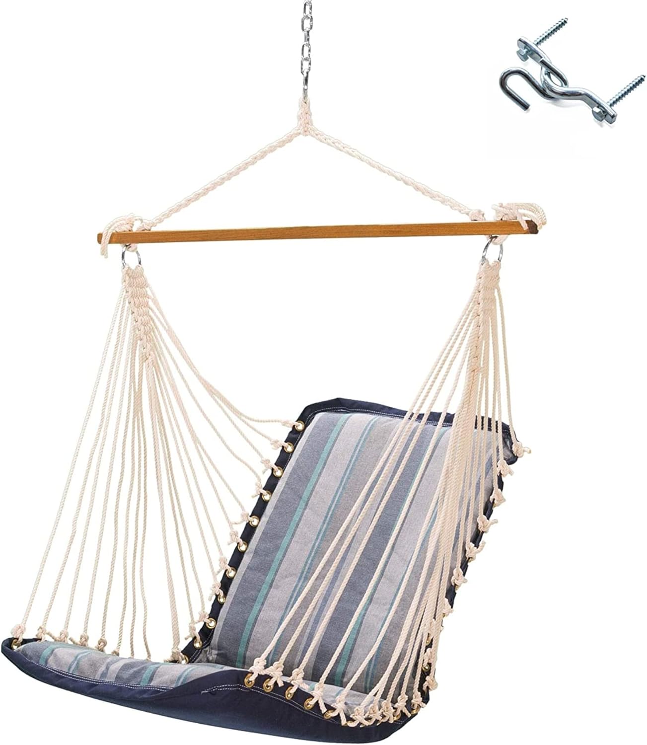 Original Pawleys Island Sunbrella Cushioned Single Swing in Trusted Coast with Oak Spreader Bar, Handcrafted in The USA, 350 LB Weight Capacity, 24 in. L x 24 in W x 24 in. D