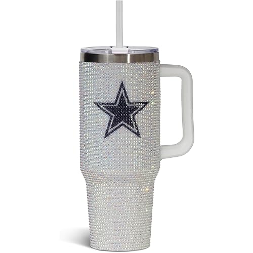 The Memory Company Officially Licensed NFL 40oz Stainless Steel Tumbler - Double Wall Insulated Travel Cup with Handle and Straw Lid - Crystal Rhinestone Design