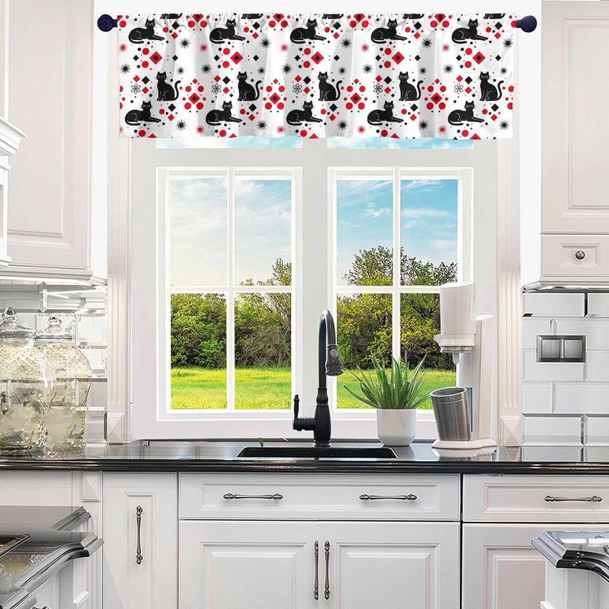 Manfei Geometric Cat Valance Curtains for Kids Modern Polka Dot Grid Window Curtains for Kitchen Living Room Bathroom Mid Century Bohemia Window Treatment 52" W x 12" L (Pack of 1),White Black Red