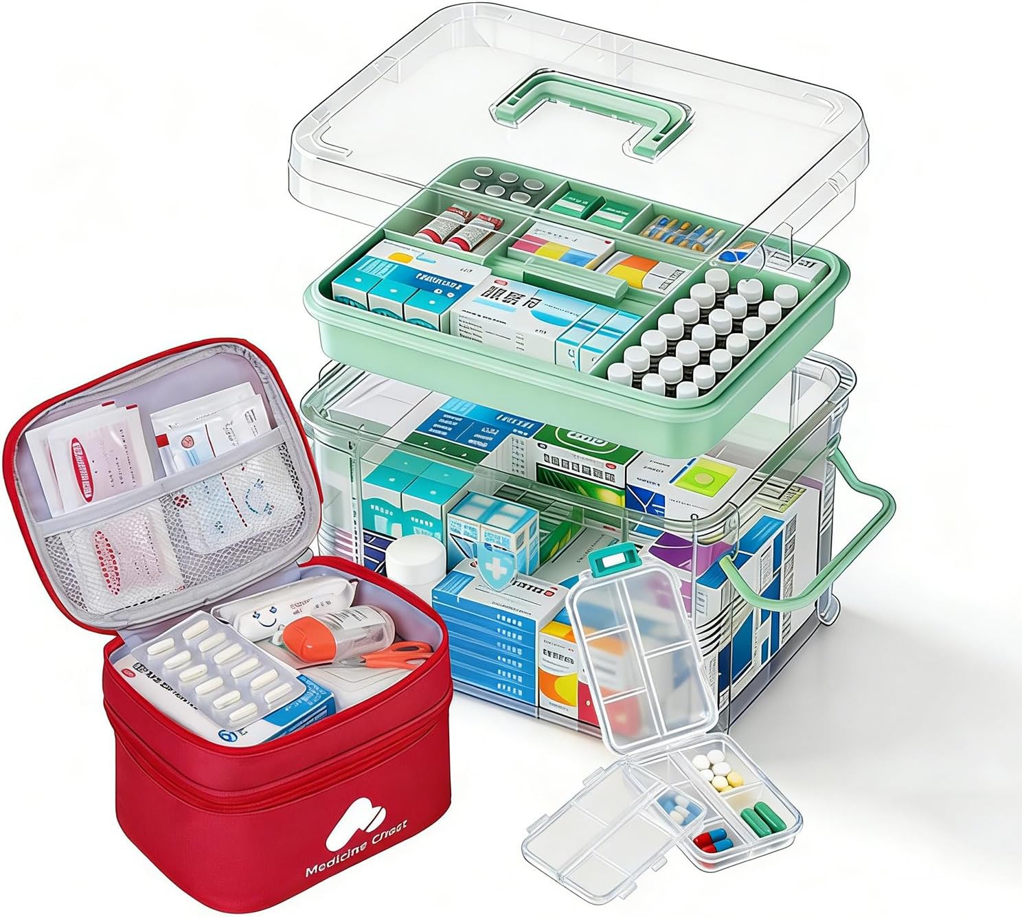 3-Piece Clear Medicine Organizer - Portable Multifunctional Medical Storage Box with Empty Pill Bags, Pill Cases, Removable Tray & Handle, Home & Travel Use