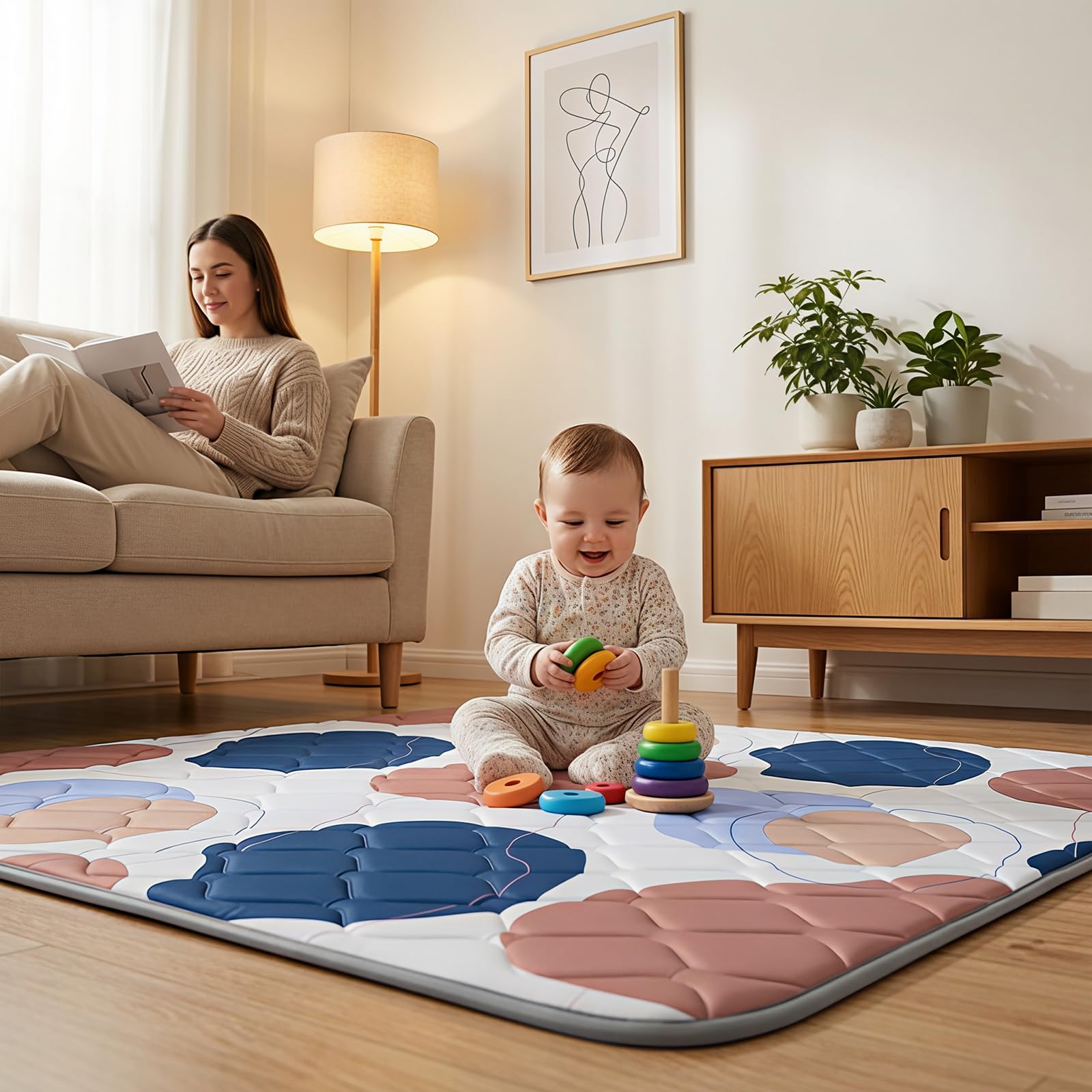 UBRAVOO Tapis de jeu pour bébé, tapis de parc à ramper épais et doux en mousse pour bébés et tout-petits, tapis d'éveil pliable, antidérapant et lavable en machine (art moderne, 180,3 x 150 cm)