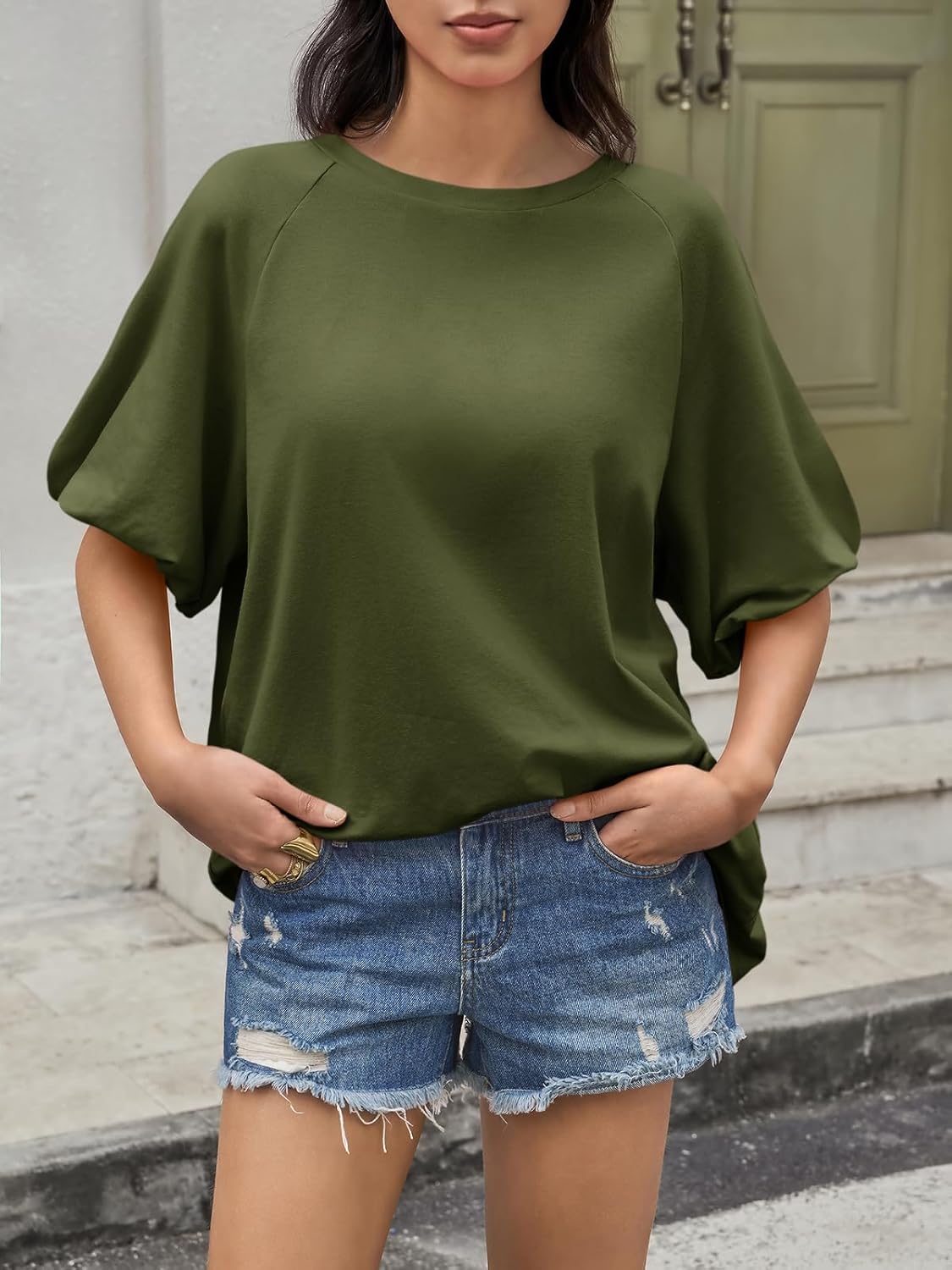 Tankaneo Womens Oversized Puff Short Sleeve T Shirt Summer Casual Crew Neck Tunic Tops Loose Fit Basic Tees - Image 2