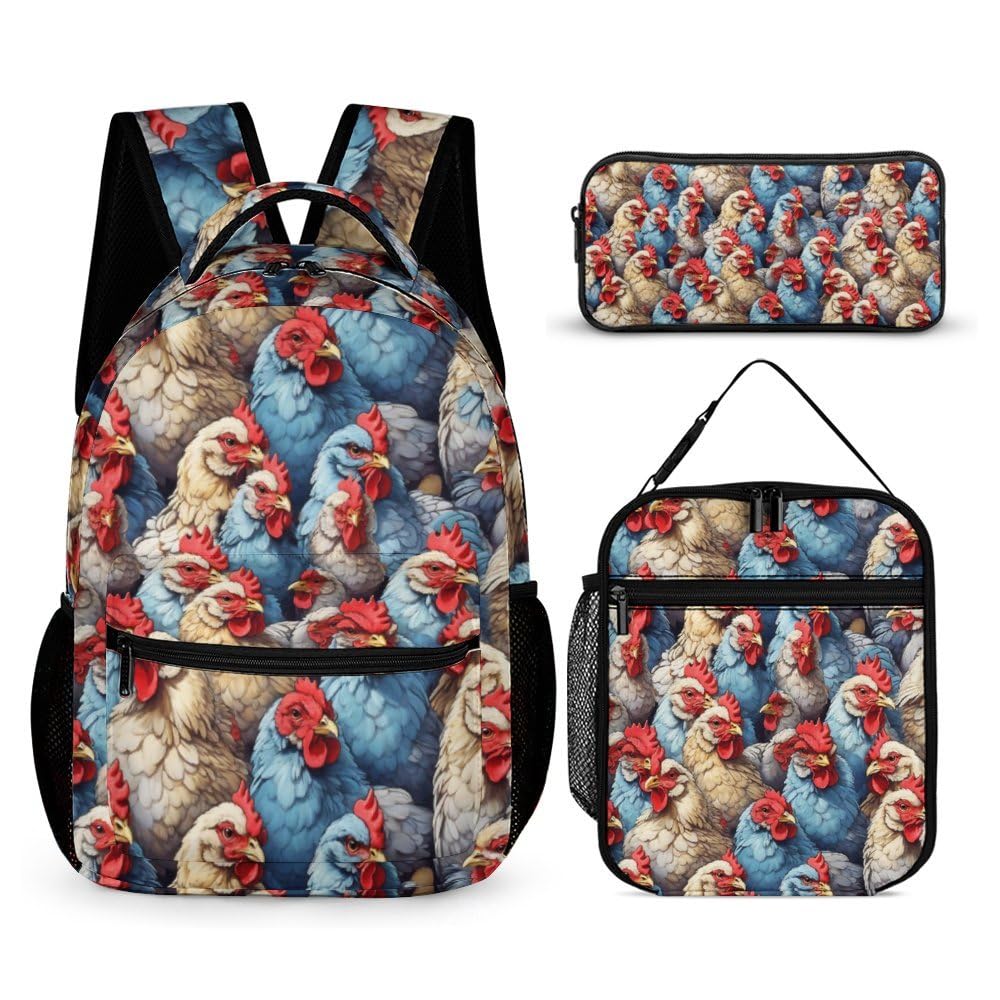 Homieblanket Chicken Backpack with Lunch Box & Pencil Case, 16 Inch Cute Chicken Themed Bookbag, Adjustable Lightweight Large Capacity, Colorful
