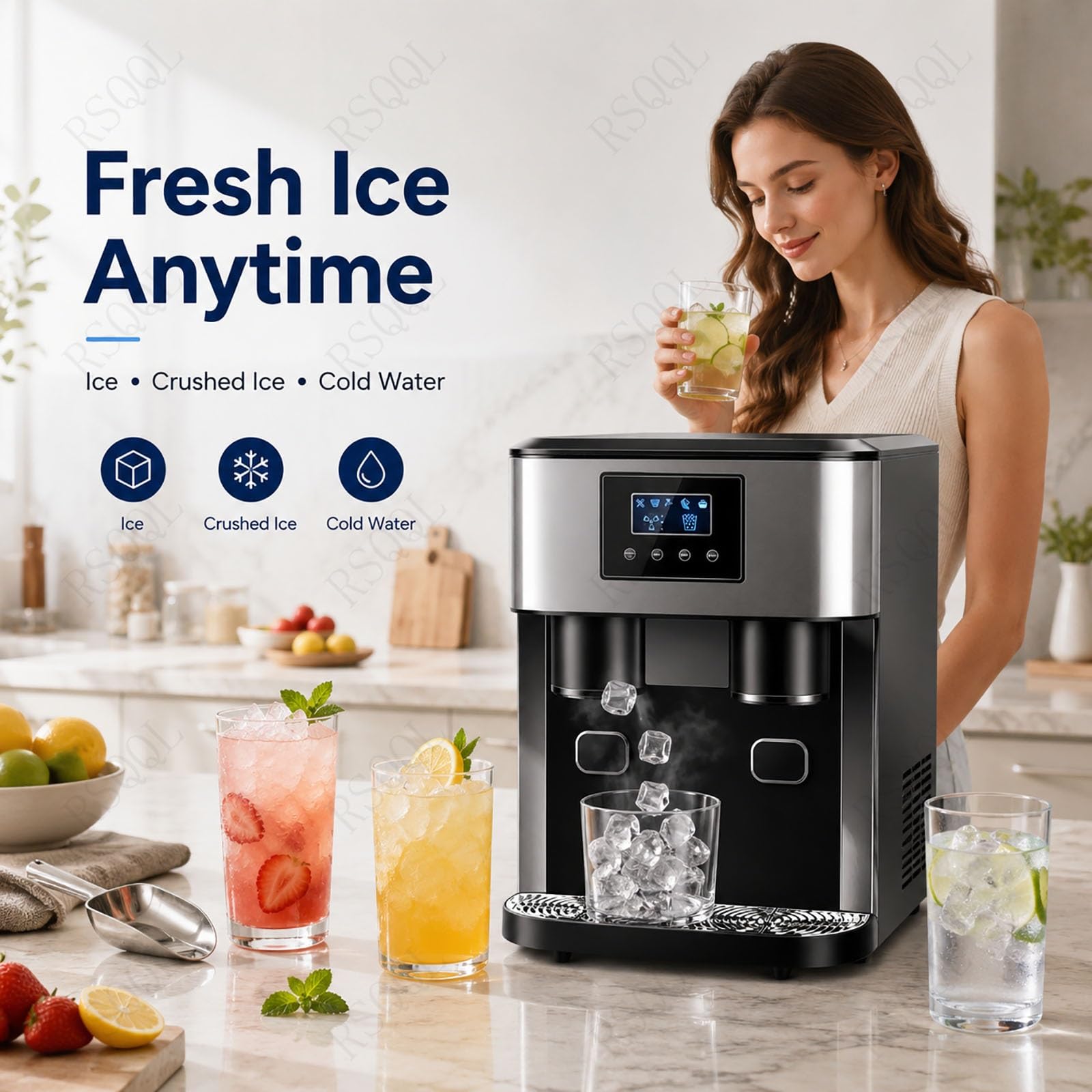 Máquina de hielo for encimera 3 en 1, acero inoxidable | Con ventana de visualización, produce cubitos de hielo, hielo triturado y agua fría, ciclo de 8 a 12 minutos.(Blue)
